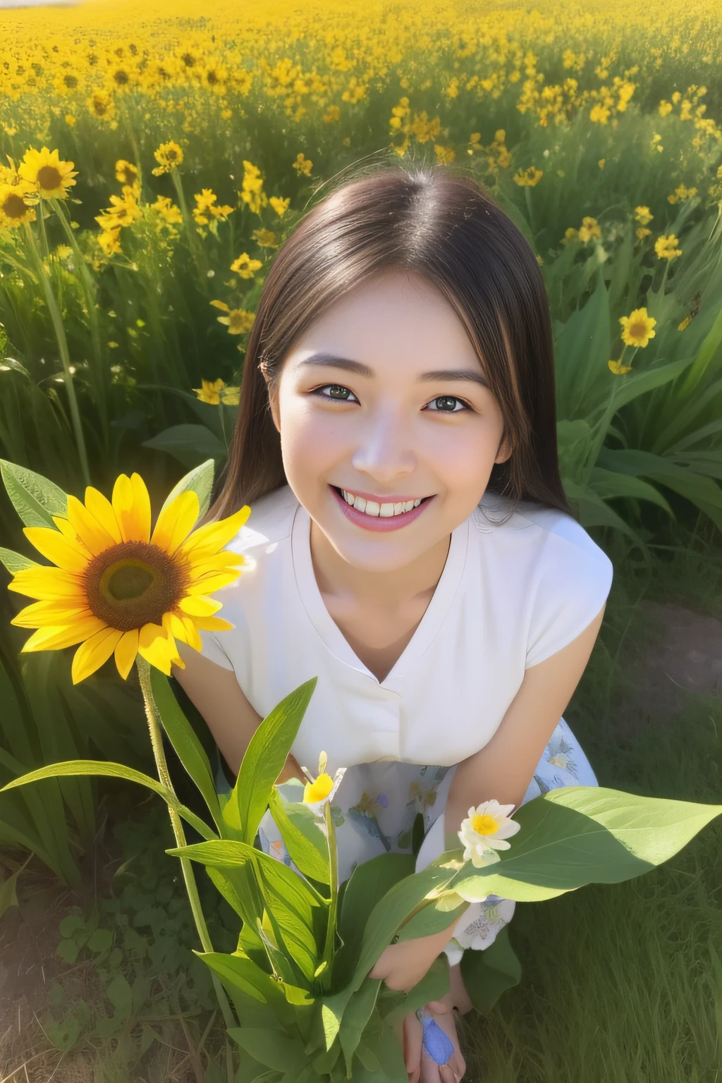 (masterpiece,high-level image quality,hightquality)、(Flower Fairy)、(Seeing with Spiritual Eyes、Seeing with Spiritual Sight)、夏天、grass field、insects、clouds、suns、A Japanese Lady、年轻、kawaii、smile、Nature Spirits、