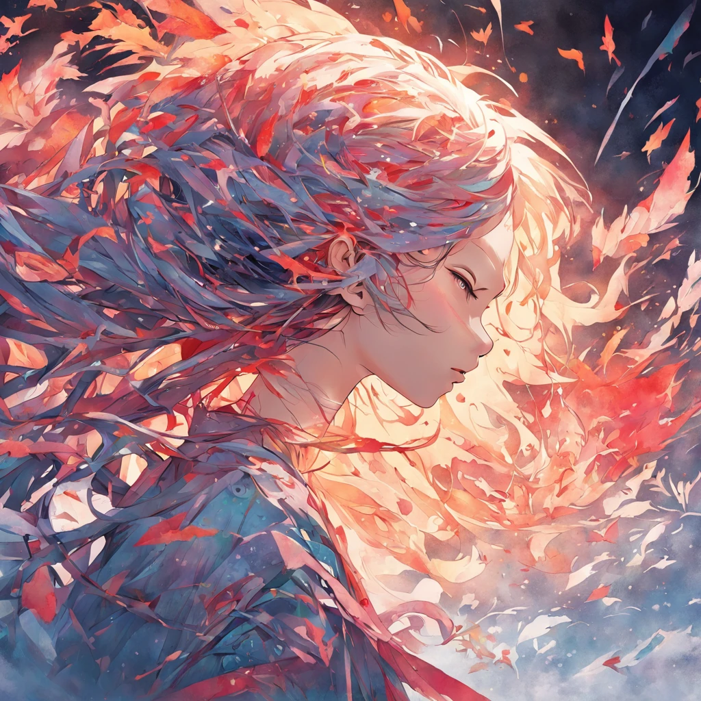 (White background:1.4),(Silhouette of a girl's head, Eyes closed, colorfull long hair, Oriental elements)，(Chinese illustration:1.3，paper art:1.3, Quilted paper art:1.2),( reasonable design, Clear lines, High sharpness,Best quality, Very detailed, Masterpiece, movie light effect, 4K )