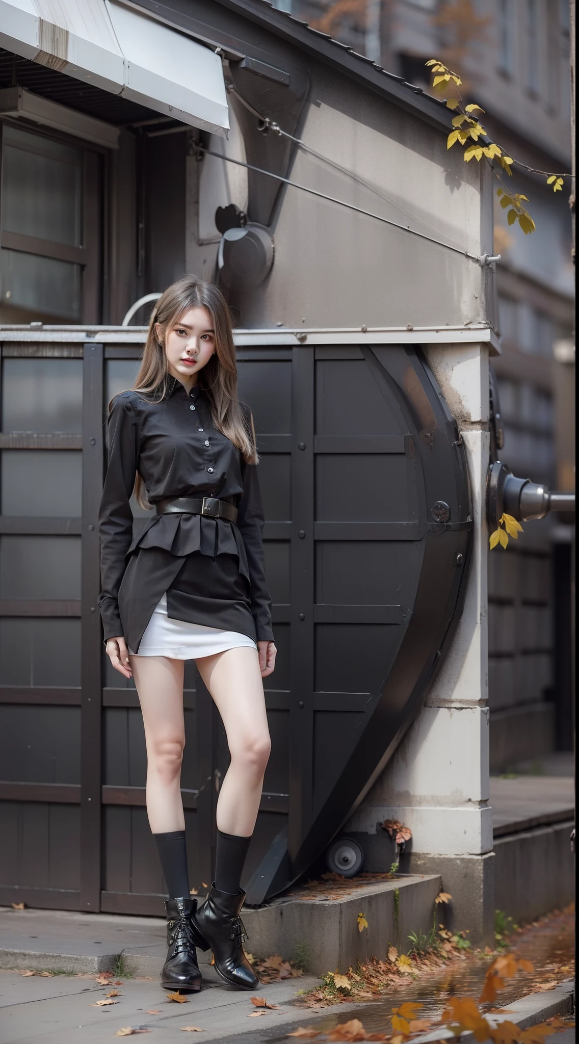 NSFW,Masterpiece, Best quality, (Realistic, Photorealistic photos: 2.0), The 8K one has a wear autumn model,Outfit,Woman in small dress poses for photo, sophisticated dress, Sexy dress, very sexy outfit, Sexy outfit, Sexy look, Sexy style, high fashion classy, Luxury dress, korean women's fashion model, opened dress, white and black, succubus in tight kilt, wearing elegant outfits, ( ivory black ), spellbinding,spellbinding,Slender legs,straight,beautifullegs。Street shooting scenes