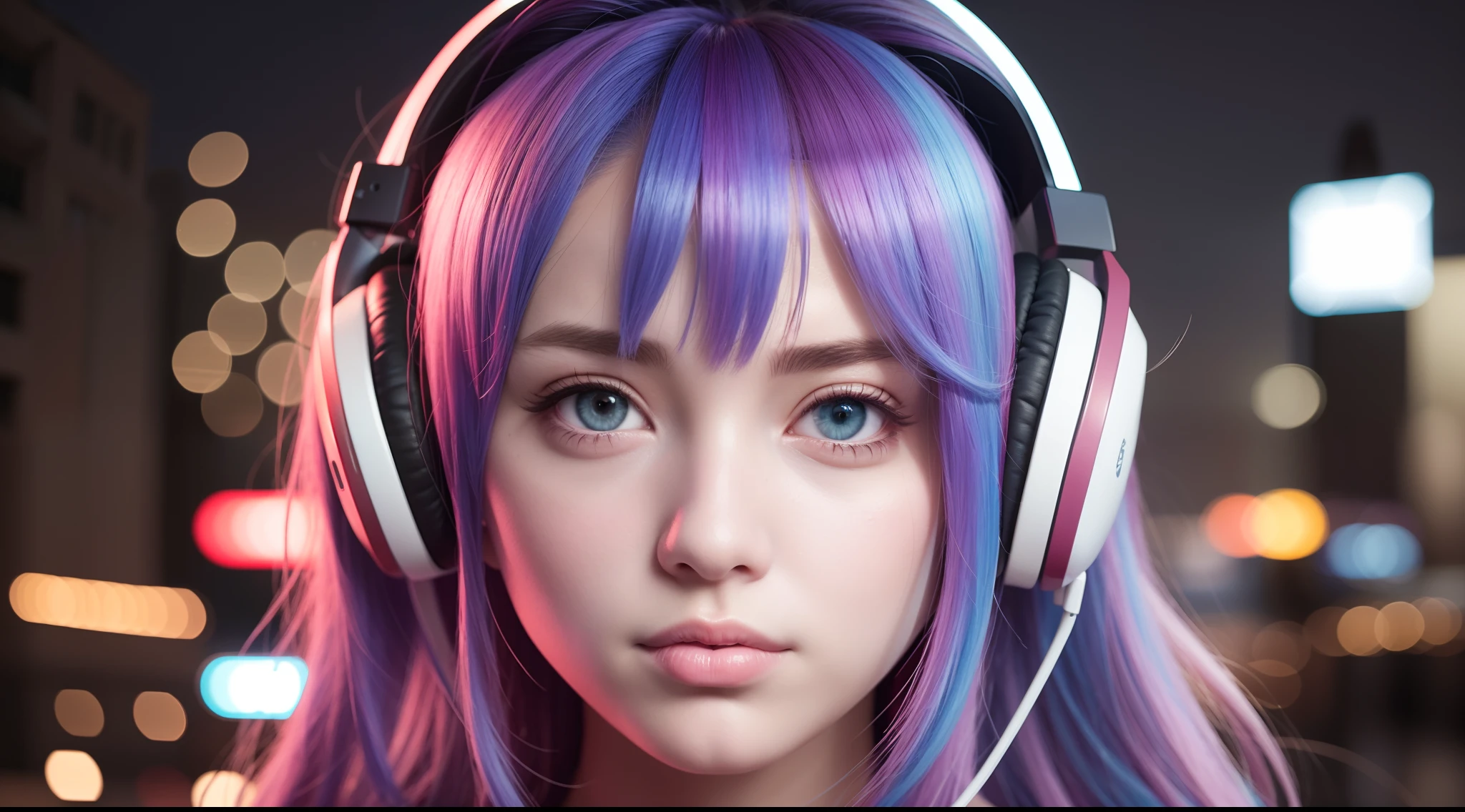 girl with headphones,hair color rainbow eyes red cyberpunk,8K extremely detailed, smooth, high resolution, ultra quality, highly detailed eyes, highly detailed mouth, highly detailed face brightness, iridescent, global lighting, real hair movement, real light, real shadow, real face, hd, 2k, 4k, 8k, 16k, realistic light, realistic shadow, bright eyes, fluorescent eyes, soft light, dream light,anime, 3d, japan, pixar, masterpiece, best quality, , portrait, night city with one at lamborghin background