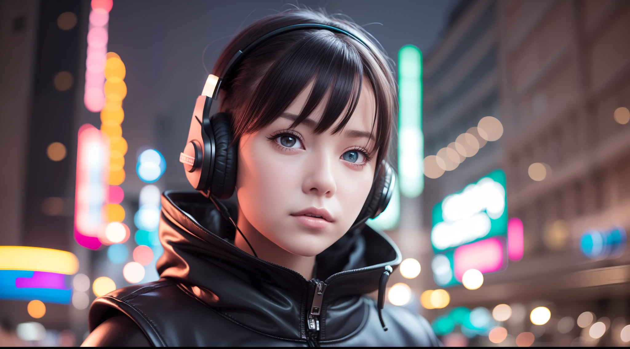 girl with headphones,hair color rainbow eyes red cyberpunk,8K extremely detailed, smooth, high resolution, ultra quality, highly detailed eyes, highly detailed mouth, highly detailed face brightness, iridescent, global lighting, real hair movement, real light, real shadow, real face, hd, 2k, 4k, 8k, 16k, realistic light, realistic shadow, bright eyes, fluorescent eyes, soft light, dream light,anime, 3d, japan, pixar, masterpiece, best quality, , portrait, night city with one at lamborghin background