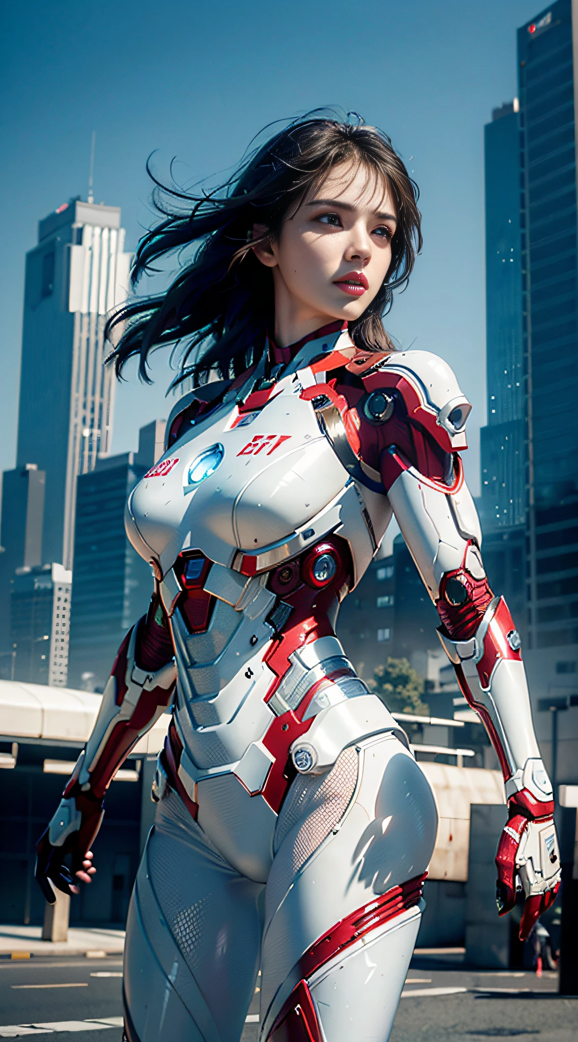 RAW, masterpiece, ultra thin photo, best quality, ultra high resolution, photorealistic, sunlight, full body portrait, incredibly beautiful, dynamic poses, delicate face, vibrant eyes, (side view), she is using a futuristic Iron Man engine, red and gold color scheme, night town background, highly detailed, detailed face, detailed and complex busy background, messy, Gorgeous, milky white, highly detailed skin, realistic skin details, visible pores, sharp focus, volumetric mist, 8K UHD, DSLR camera, high quality, film grain, light skin, photorealism, lomography, expanding metropolis in futuristic dystopia, view from below, translucent