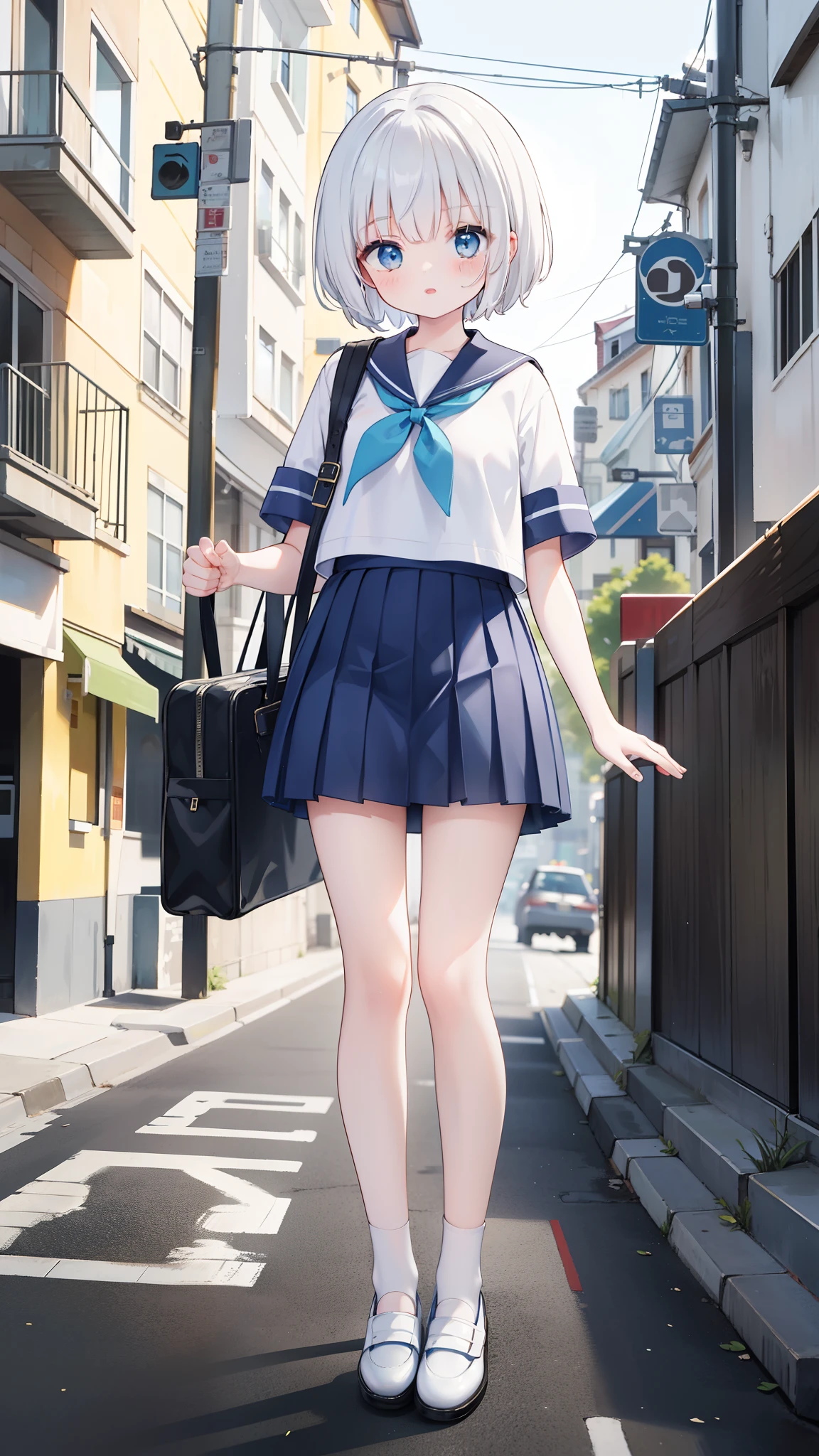 The whole body is standing on the street, the girl is holding a bass, playing white short hair, blue eyes, short sleeves, sailor suit, blue pleated skirt, handsome