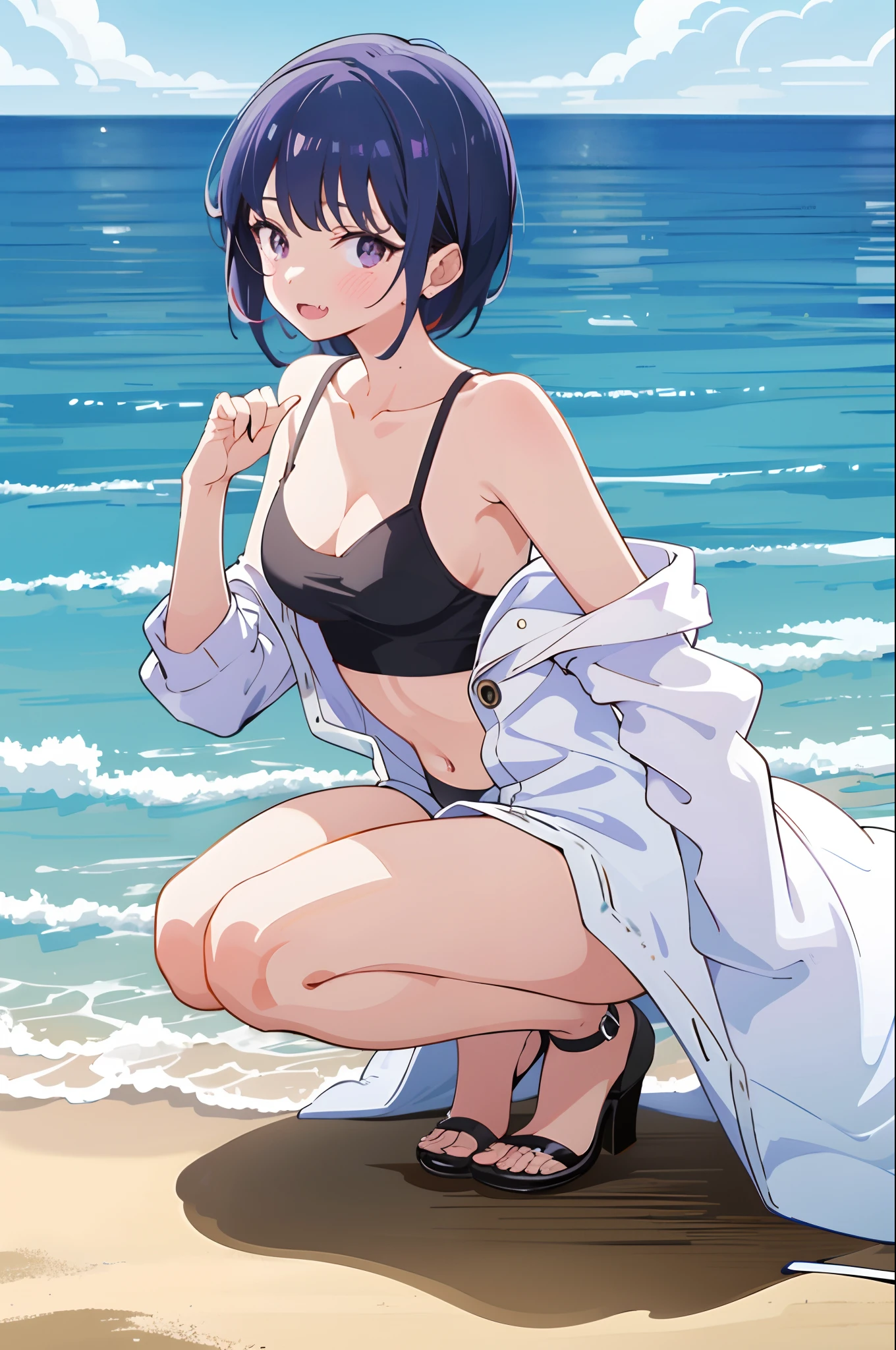 Anna yamada, black hair, brown, masterpiece, best quality, highres, 1girl, solo, fang, skin fang, short hair, (mole on thigh:0.8), bangs, hair behind ear, purple eyes, hair ornament, bad mod, beach, squatting, small chest, short height, girl, flat chest, small, cleavage, ((bare shoulder)), exposed, loose shirt, navel, presenting armpit
