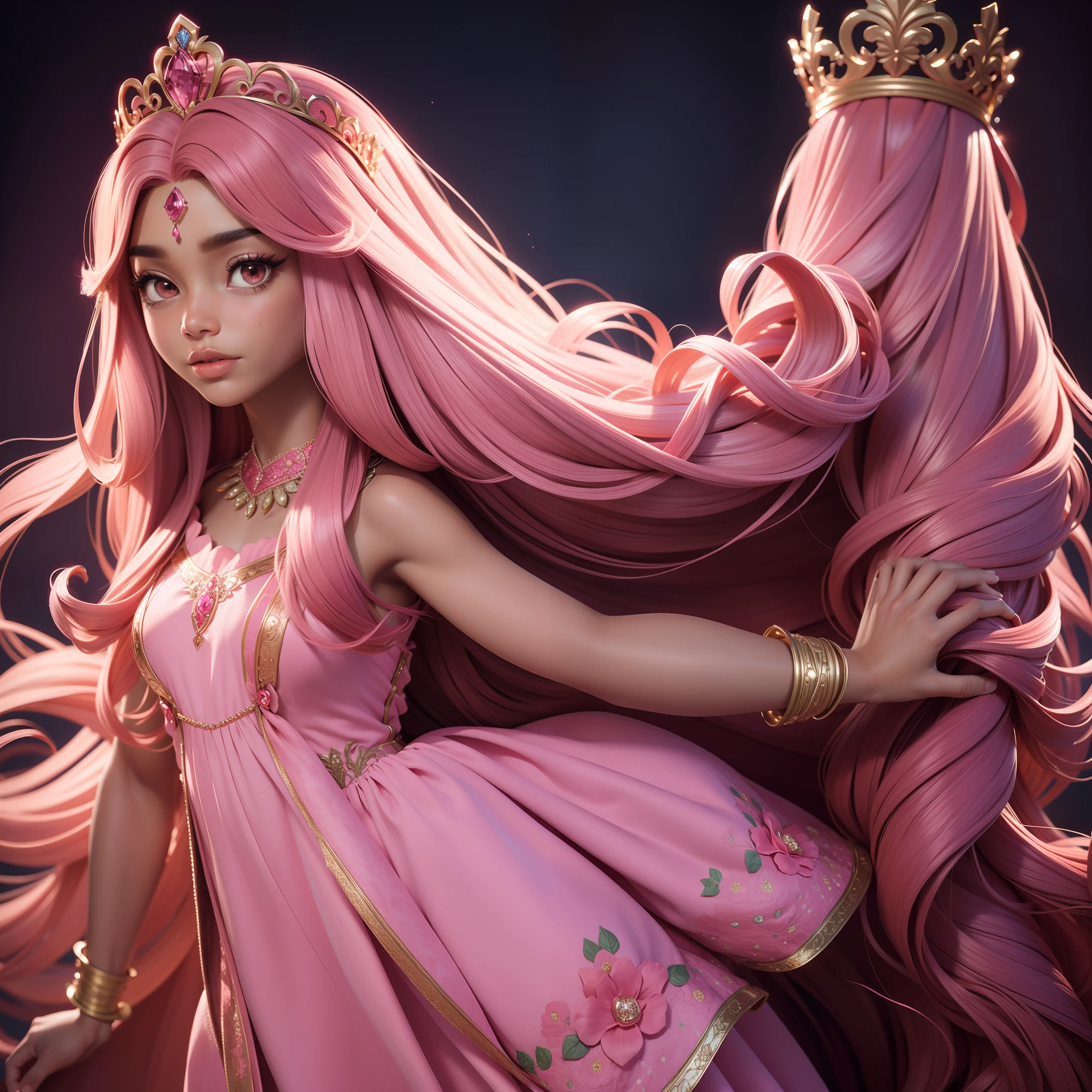 A brown skin lady with long pink hair, a princess Fairly, pretty face, wearing a tiara, a flowery dress, high quality pictures, highly detailed picture, with her arms showing