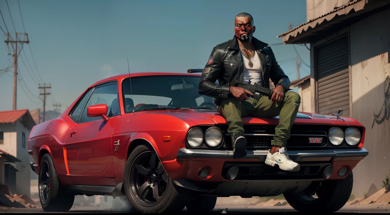 there is a man, gta personagem, Como o protagonista de GTA 5, gta v estilo, como um personagem gtav, Kanye West de cabelo red, em GTA v, em gta v, gta5 estilo, gta v personagem, empunhando fuzil de assalto, gta 5 tom de pele negra, em GTA v, jaqueta ,Fuzil AK-47, Fundo da favela do estilo brasileiro, e o personagem de cabelos vermelhos,Favela no Brasil, carro preto,Dodge Challenger preto ,with Ak-47 rifle in hand, rifle in hands,vehicle preto
