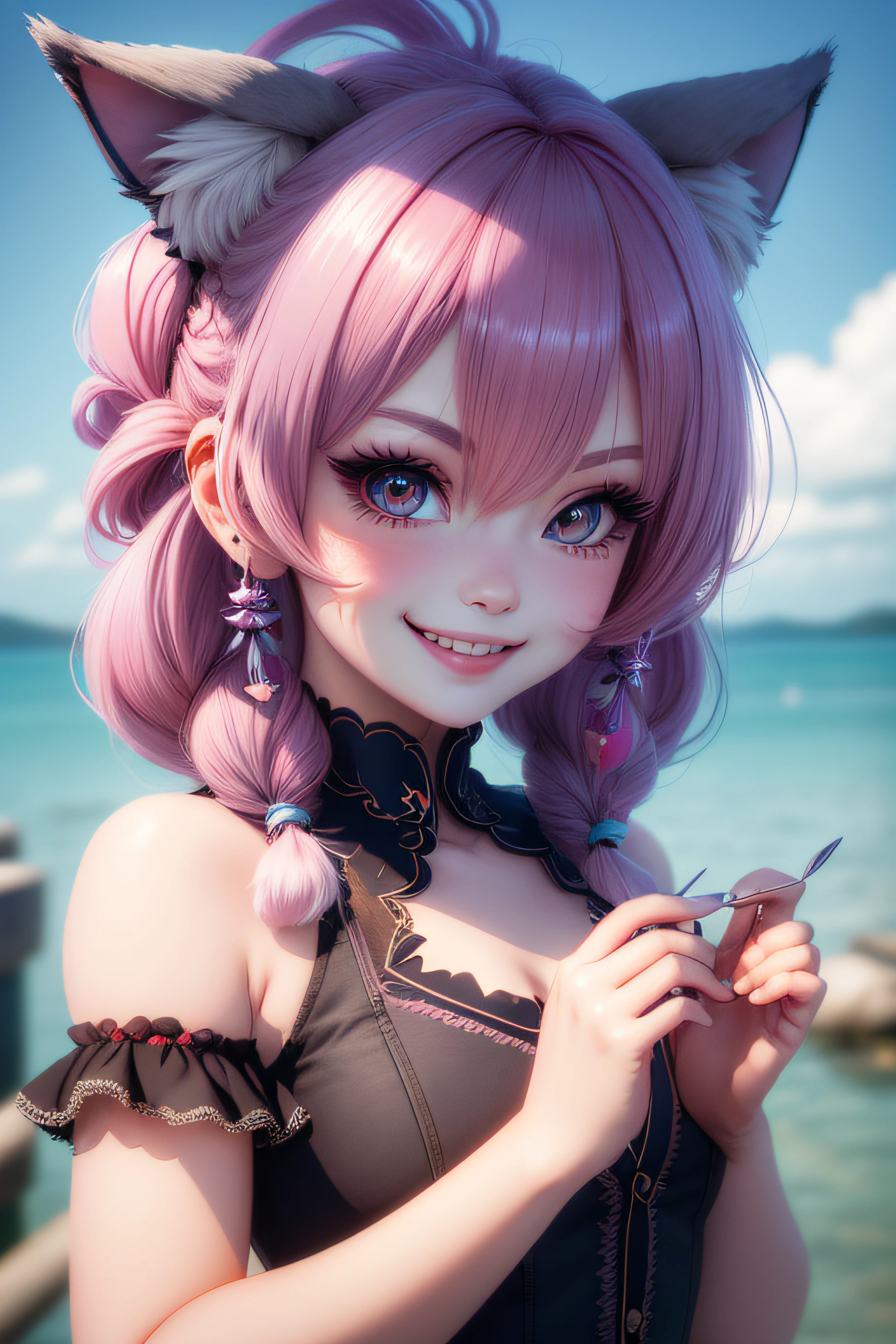 hair bobbles, longeyelashes, solid circle eyes, fake animal ears, light smile, ear blush, fang, Surrealism, drop shadow, anaglyph, stereogram, tachi-e, pov, atmospheric perspective, 8k, super detail, ccurate, best quality