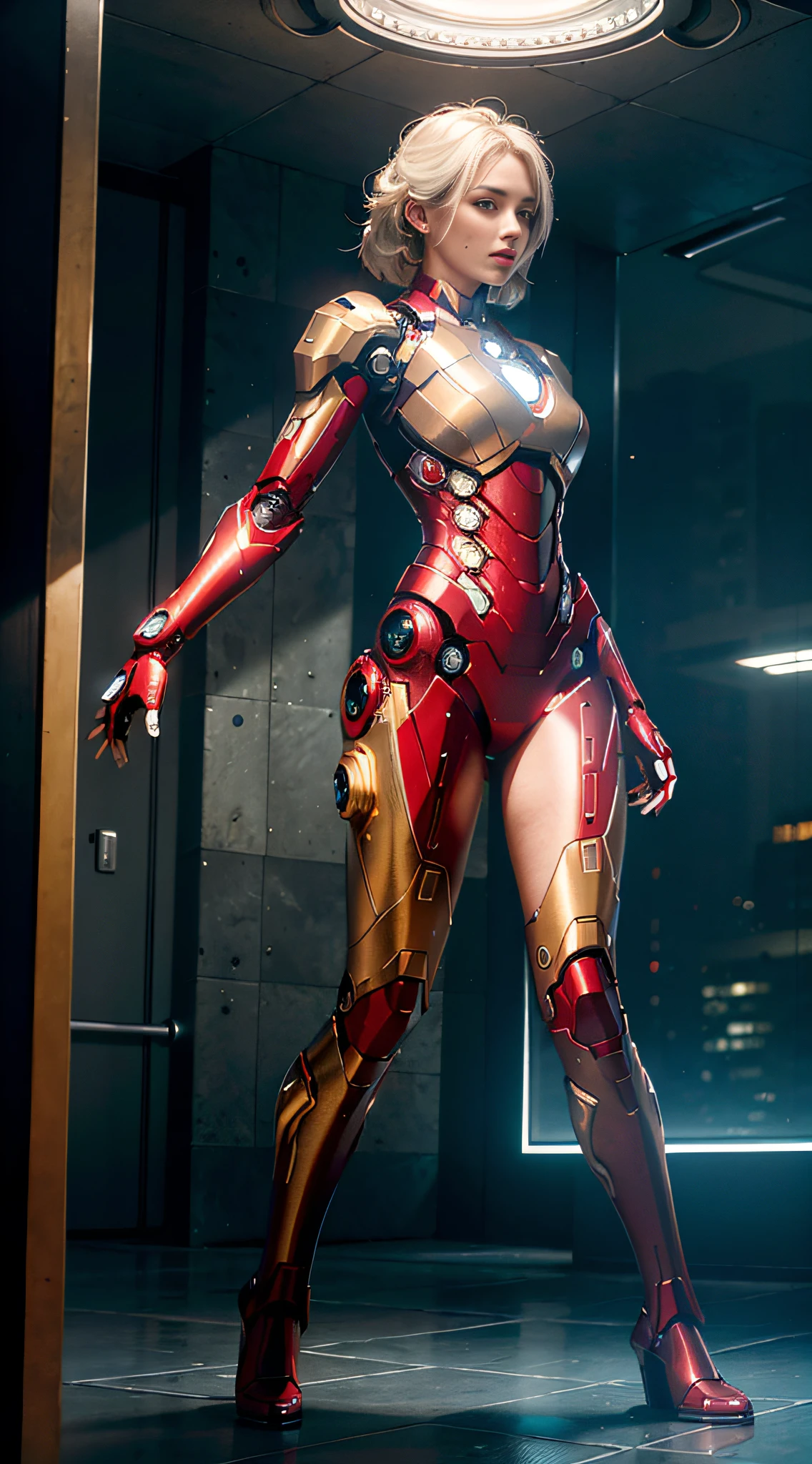 Tall, well-proportioned, wearing the armor of Iron Man, showing the charm of women, the visual effect is beautiful.
