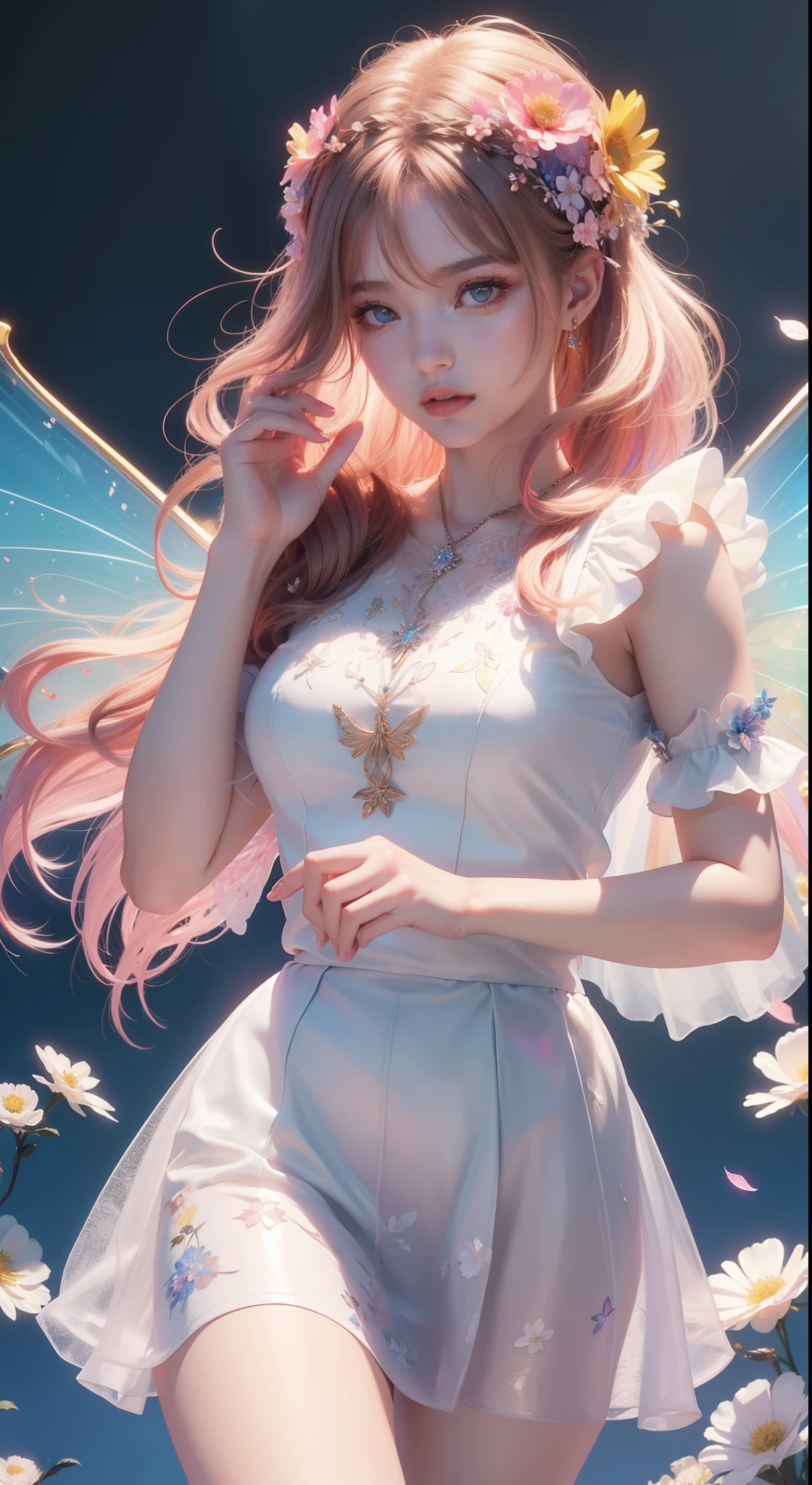 (((A girl)),Frontal photo,((The hair is covered with flowers))),Long skirt,Irridescent color,(the Flower Fairy),(((Colorful wings))),(Rich colors),springtime,The Arthur effect, Transparent body, Gradient translucent glass melt, Caustics, Irridescent color, Designed by Dietrams, Simple, Glows in high detail, white backgrounid, industrial design, studio lit, C4D, OC renderer, Clean shadows, 4K