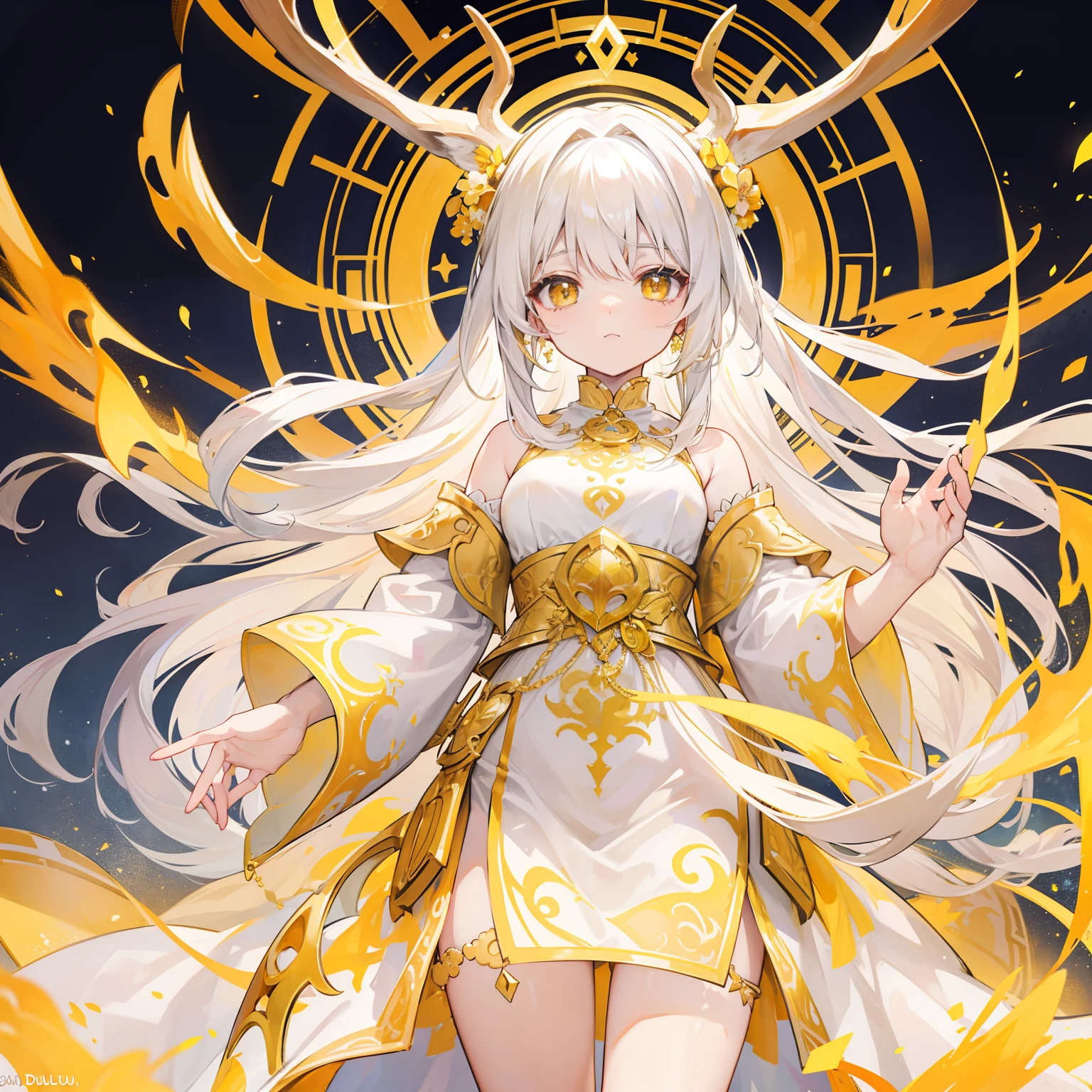 The Title Douluo Continent with multiple golden soul rings,It's a beautiful sister,Yellow, gold, and white color scheme,It is called the golden horned deer