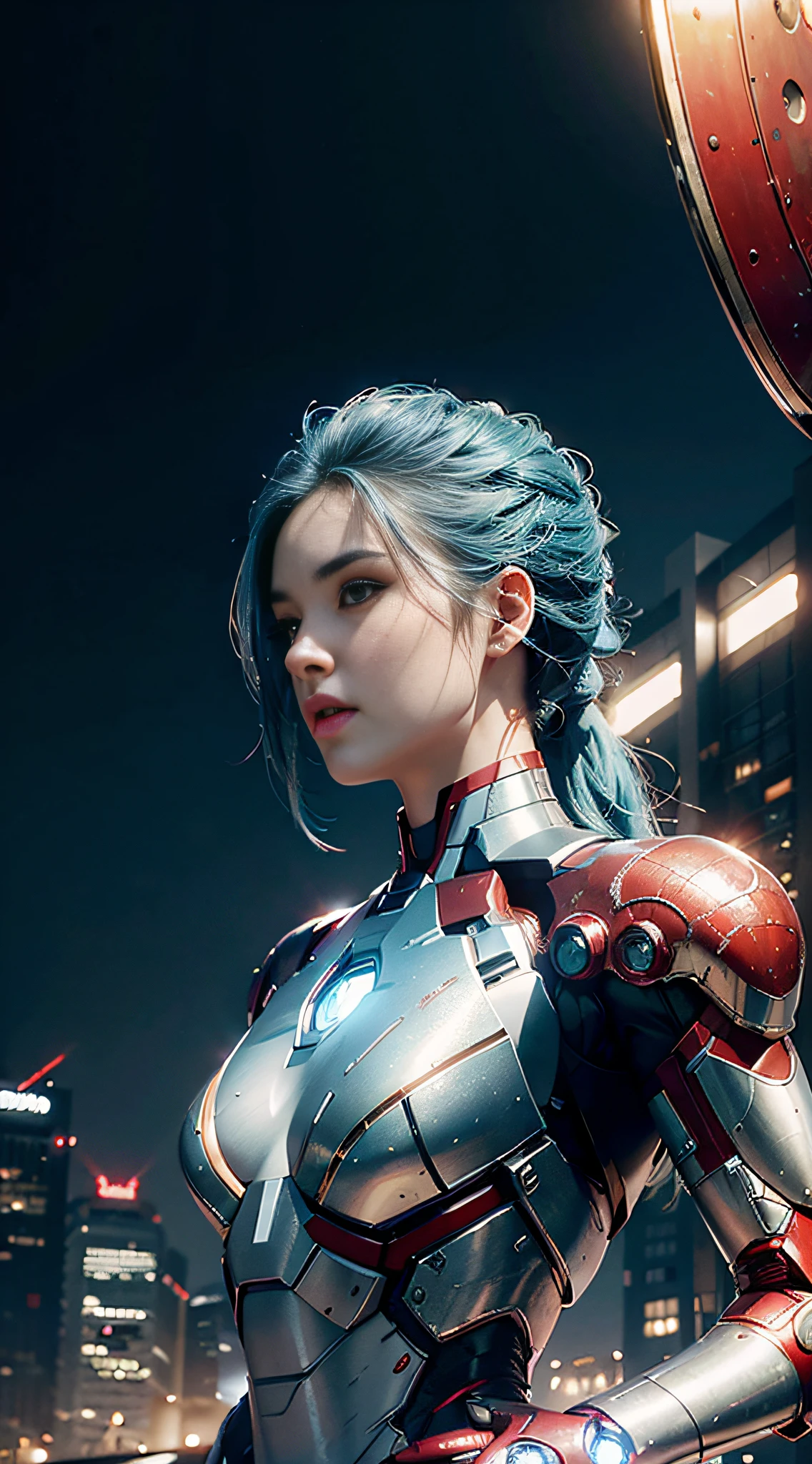 RAW, masterpiece, ultra thin photo, best quality, ultra high resolution, photorealistic, sunlight, full body portrait, incredibly beautiful, blue hair, dynamic poses, delicate face, vibrant eyes, (side view), she is using a futuristic Iron Man engine, red and gold color scheme, night town background, highly detailed, detailed face, detailed and complex busy background, messy, gorgeous, milky white, highly detailed skin, realistic skin details, visible pores, sharp focus, volumetric mist, 8k uhd, dslr camera, high quality, film grain, light skin, photorealism, lomography, expanding metropolis in futuristic dystopia, view from below, translucent