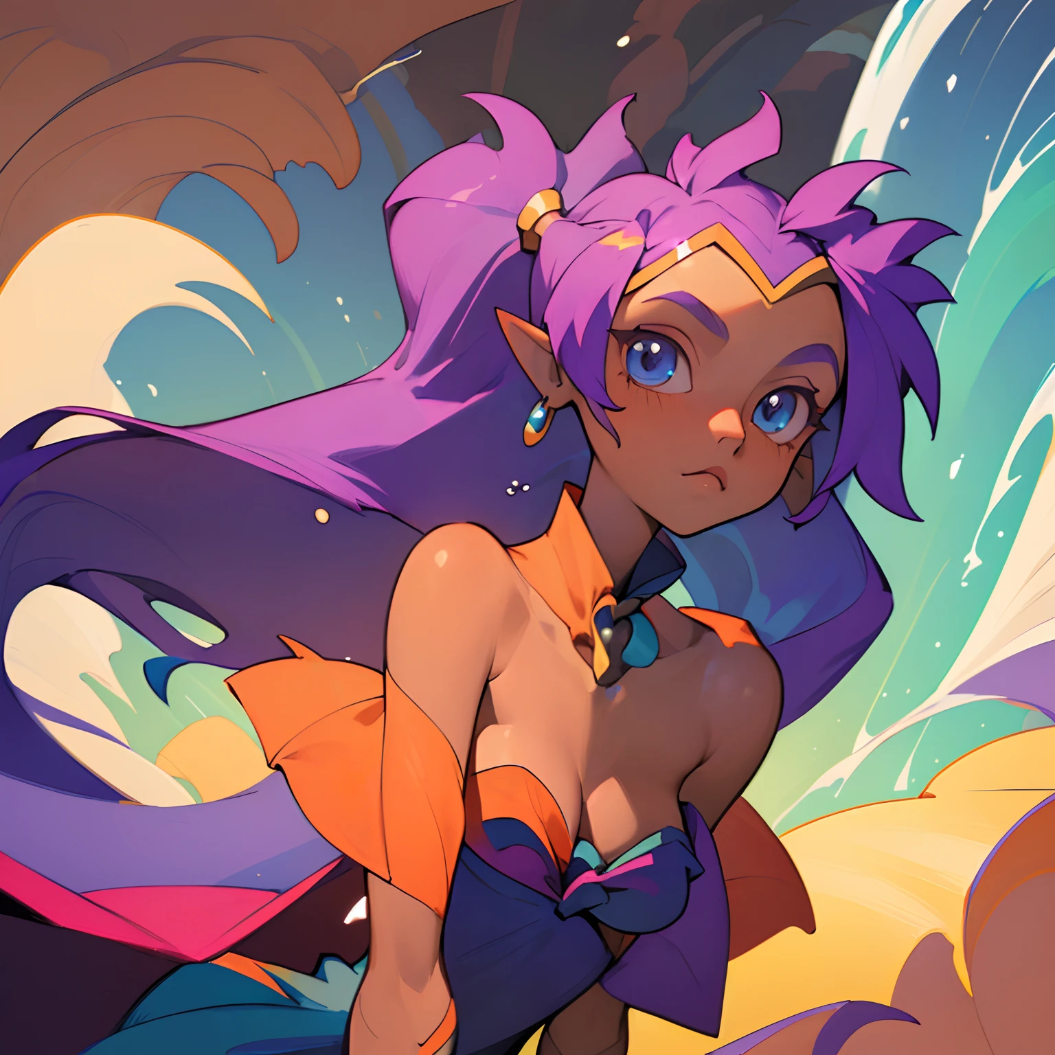 (beste-Qualit, tmasterpiece), a 1girl, water fall, glistering, gown, particle, the wind, flower, upper-body, Simple background, looks at the viewer, shantae,
