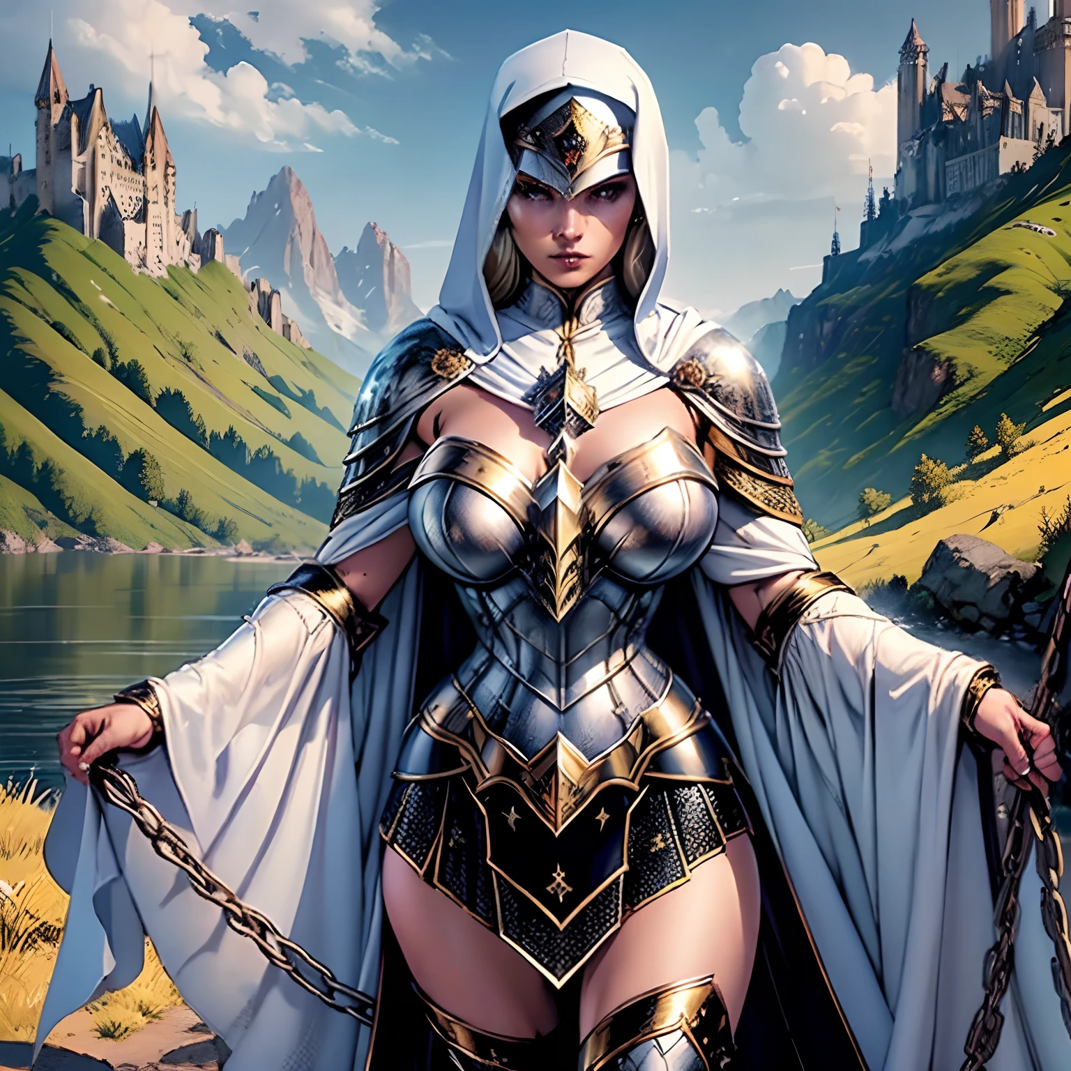 (masterpiece, top quality, best quality, official art, beautiful and aesthetic:1.2), (1girl:1.3), light freckles, fair skin, extremely detailed, portrait, looking at viewer, solo, (full body:0.6), detailed background, close up, (warm grasslands theme:1.1), holy paladin knight, charlatan, smirk, mysterious, swaying in mountains, modest attire, ornate white and gold armor, cowl, nun hood, wimple, cowl, robe, chain mail, chainmail, leggings, chainmail leggings, chain mail leggings, breastplate, tabard, gorget, hood, pauldrons, greaves, armored, long boots, longsword, shield, cape, cloak, white fabric, pale leather, gigantic breasts, slim waist, slim hips, long legs, medieval (mountain exterior:1.1) background, dark mysterious lighting, shadows, magical atmosphere, dutch angle, (((Balsamique)))
