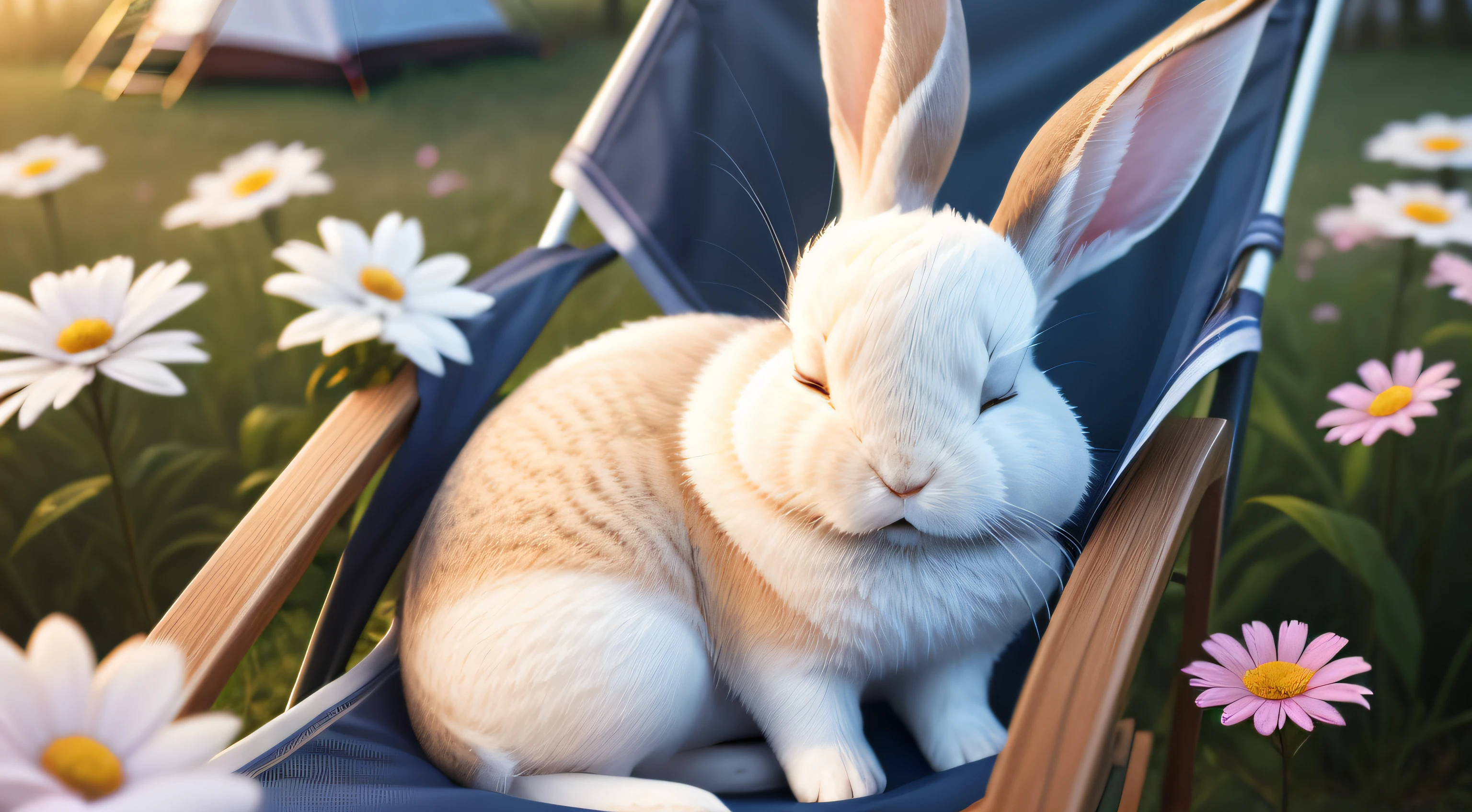 Photo of a little rabbit sleeping on a camping chair，With his eyes closed，Aerial overhead shot，clean backdrop，depth of fields，largeaperture，photography of，volume fog，Halo，blooms，Dramatic atmosphere