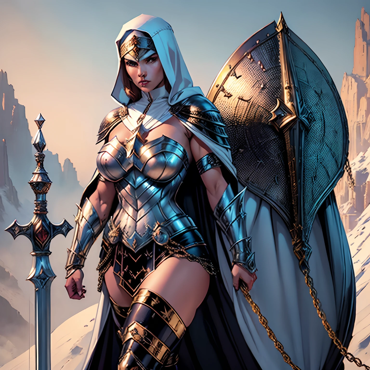 (masterpiece, top quality, best quality, official art, beautiful and aesthetic:1.2), (1girl:1.3), light freckles, fair skin, extremely detailed, portrait, looking at viewer, solo, (full body:0.6), detailed background, close up, (warm grasslands theme:1.1), holy paladin knight, charlatan, smirk, mysterious, swaying in mountains, modest attire, ornate white and gold armor, cowl, nun hood, wimple, cowl, robe, chain mail, chainmail, leggings, chainmail leggings, chain mail leggings, breastplate, tabard, gorget, hood, pauldrons, greaves, armored, long boots, longsword, shield, cape, cloak, white fabric, pale leather, gigantic breasts, slim waist, slim hips, long legs, medieval (mountain exterior:1.1) background, dark mysterious lighting, shadows, magical atmosphere, dutch angle, (((Balsamique)))