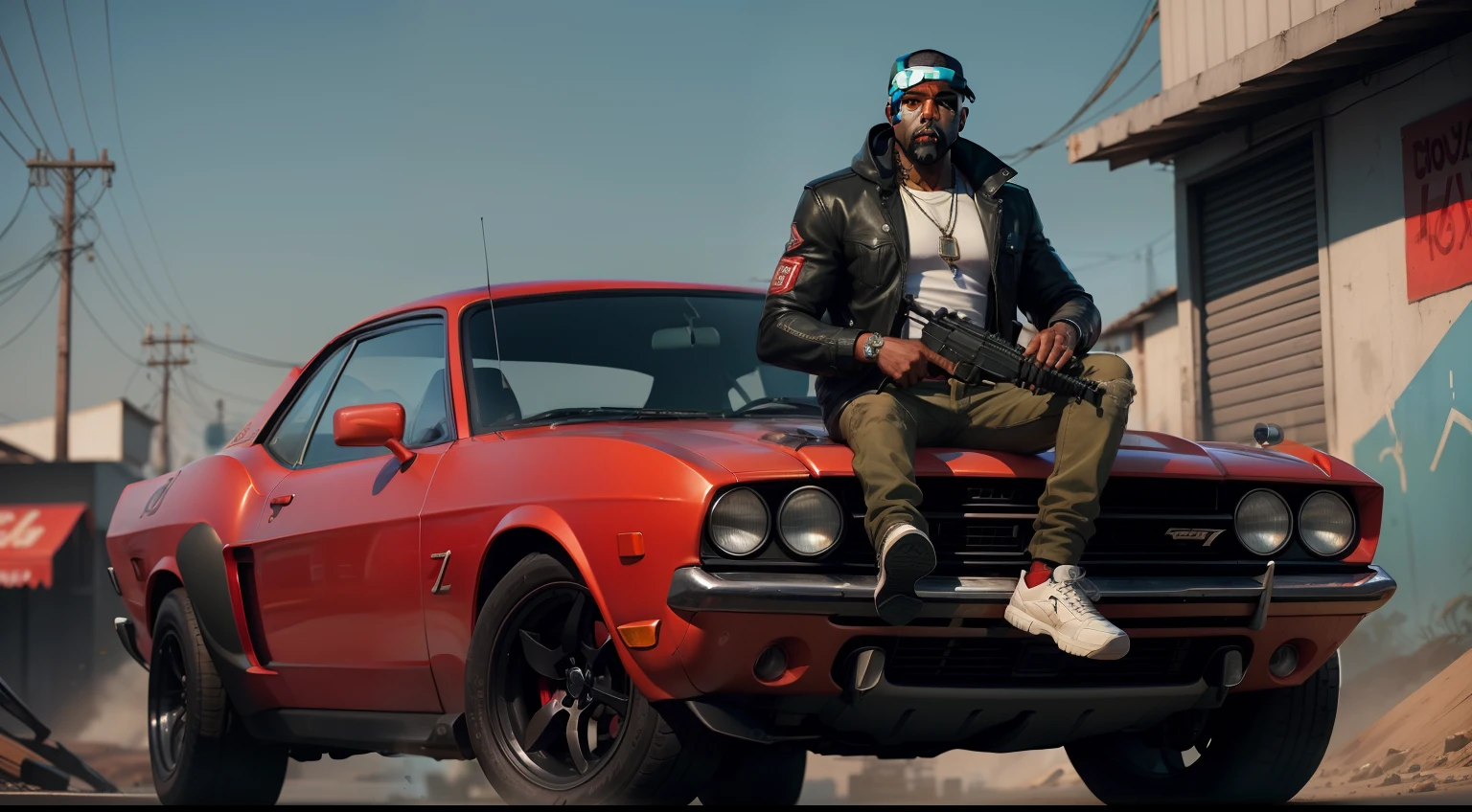 there is a man, gta personagem, Como o protagonista de GTA 5, gta v estilo, como um personagem gtav, Kanye West de cabelo red, em GTA v, em gta v, gta5 estilo, gta v personagem, empunhando fuzil de assalto, gta 5 tom de pele negra, em GTA v, jaqueta ,Fuzil AK-47, Fundo da favela do estilo brasileiro, e o personagem de cabelos vermelhos,Favela no Brasil, carro preto,Dodge Challenger preto ,with Ak-47 rifle in hand, rifle in hands,vehicle preto