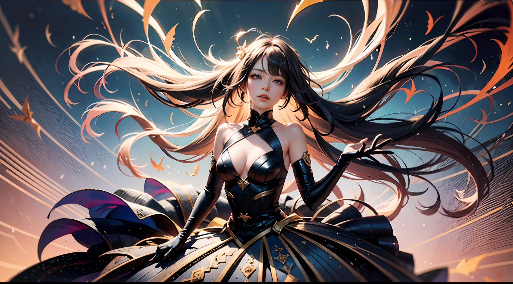 offcial art， Unity 8k壁紙， ultra - detailed， Beautiful and beautiful， tmasterpiece， best qualtiy， （Zen entanglement， datura， Tangles， tangled）， （s fractal art：1.3） ， 1girl， extremely detaile， dynamic angle， The most beautiful forms of chaos， ellegance， Fauvistdesign， vivd colour， romanticism lain， James Jean， ross tran， Francis Bacon， Michal Mraz， adrian ghenie， petra cortright， Gerhard Richter， Takato Yamamoto， Ashley Wood， atmospurate， ecstasy of musical notes， Flow notes are visible， Red effect ， Blood background ， （Waterbow splash） ， （the bats），randome pose