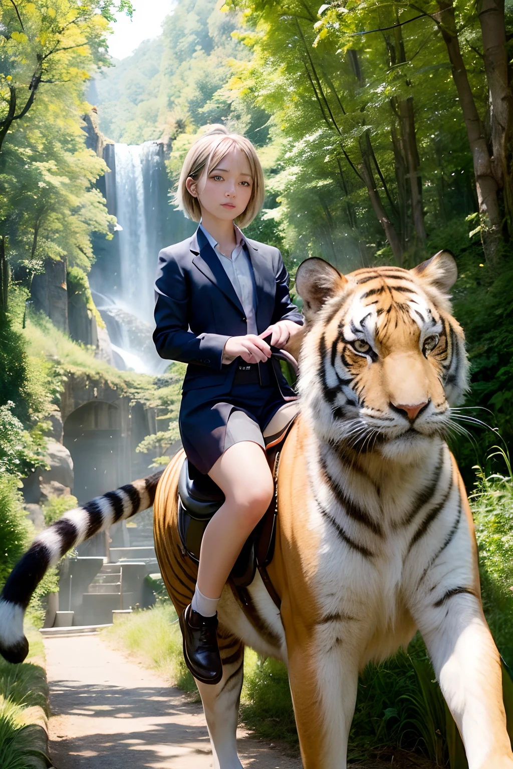 (Best Quality, Masterpiece: 1.1), (Realistic: 1.4), Beautiful girl is riding on the tiger, god ray ,teen, silver short hair, blue eyes, Going to school