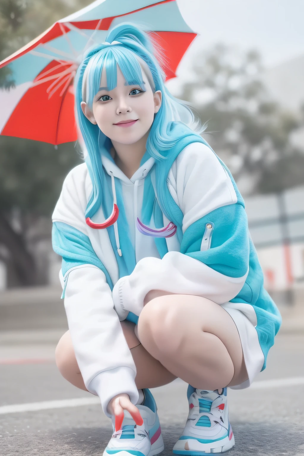 mix4, best quality, ultra high res, (photorealistic:1.4), intricate details, 1girl, Kobo, Multicolored hair, Aqua eyes, light blue hair, white hair tips, smirk, petite, wear light blue hoodie, white mini skirt, red boots, holding umbrella, classroom background, soft lightning, warm tone, tan skin, realistic