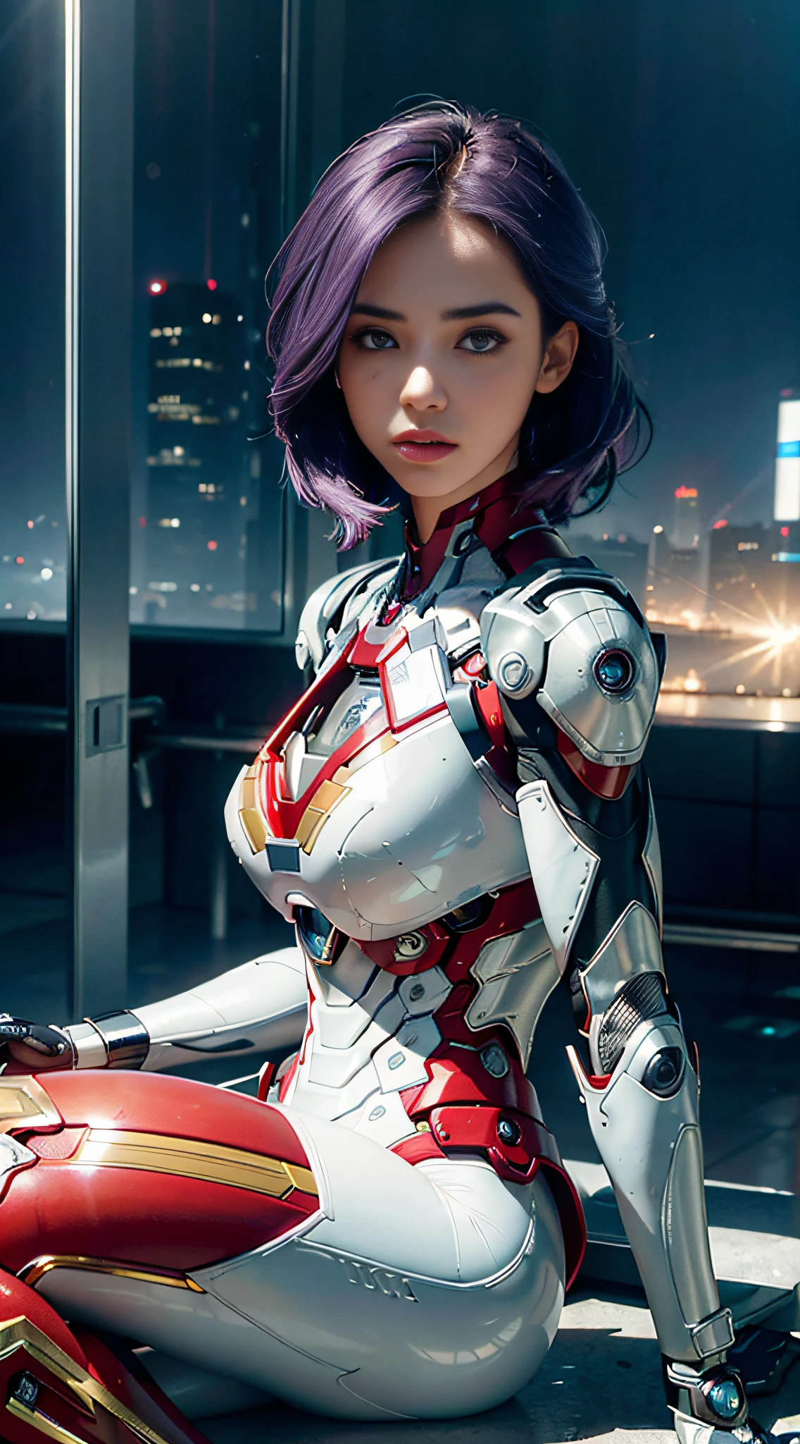 RAW, masterpiece, ultra thin photo, best quality, ultra high resolution, photorealistic, sunlight, full body portrait, incredibly beautiful, purple hair, dynamic poses, delicate face, vibrant eyes, (side view), she is using a futuristic Iron Man engine, red and gold color scheme, night town background, highly detailed, detailed face, detailed and complex busy background, messy, gorgeous, milky white, highly detailed skin, realistic skin details, visible pores, sharp focus, volumetric mist, 8k uhd, dslr camera, high quality, film grain, light skin, photorealism, lomography, expanding metropolis in futuristic dystopia, view from below, translucent