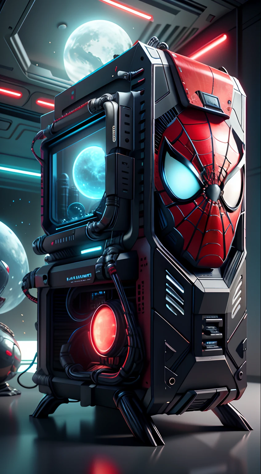 LunarPunkAI Spiderman computer pc case, detailed, intricate, neon red light
