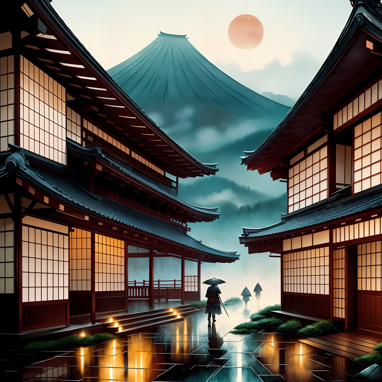 illustration, japanese vibe, samurai, village, silhouette, rain, moonlit, no background, printable, high res, Watercolor, trending on artstation, sharp focus, studio photo, intricate details, highly detailed, by greg rutkowski --auto