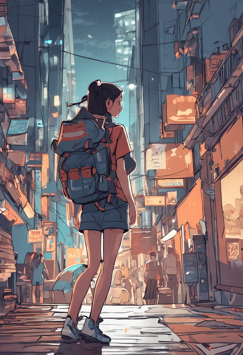 There's a woman posing on the street with a backpack on her back, cabelos ruivos, em uma rua da cidade, anime hiper realista, Surrealismo alunas, Arte em estilo Guviz, Guviz, Imagem ultrarrealista, Menina anime na vida real, Deusa japonesa