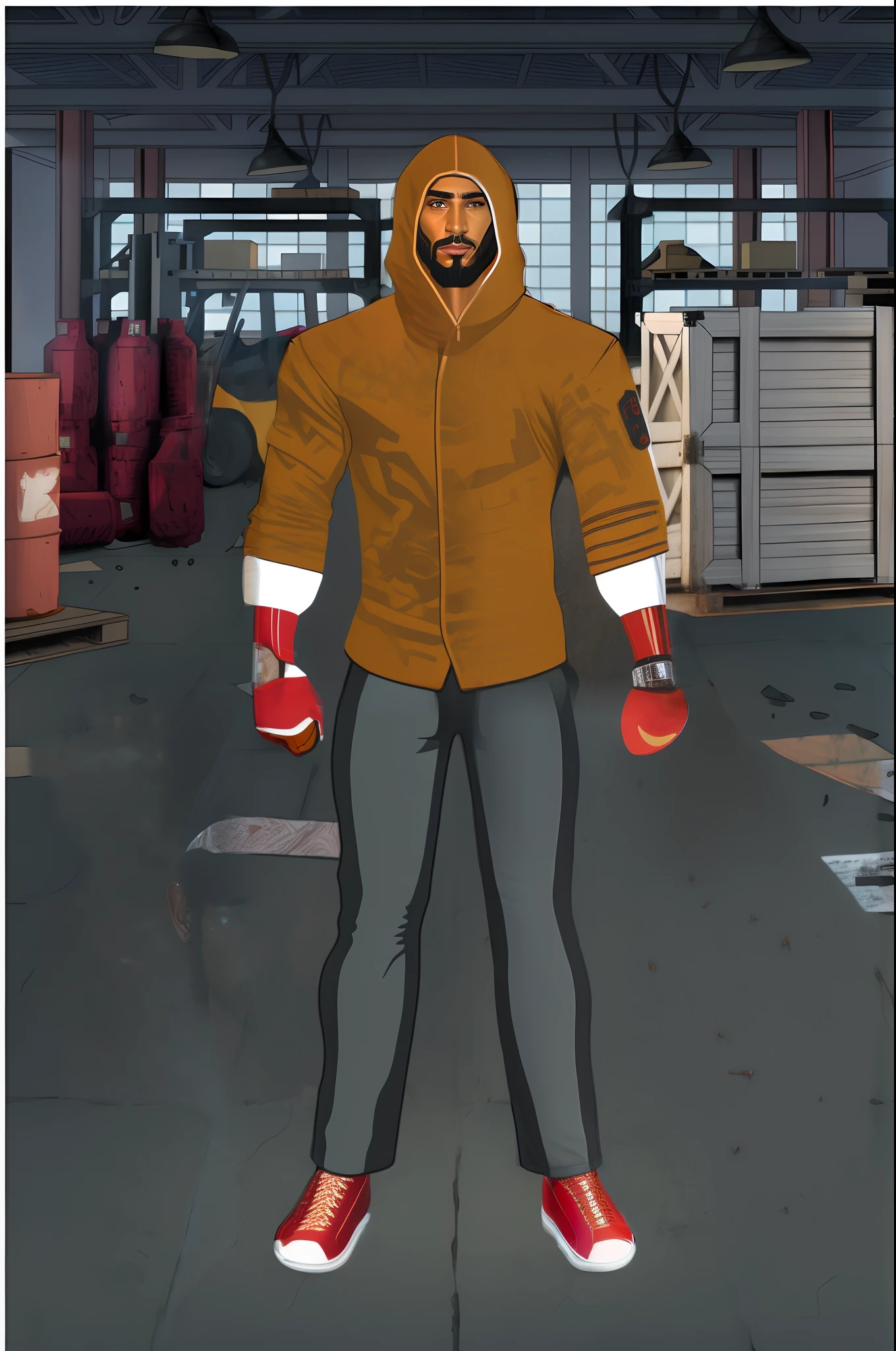 um homem em um capuz marrom, sapatos vermelhos, Cyberpunk Arms, barba marrom, capuz escondendo parte do rosto, expressando cara de mal
