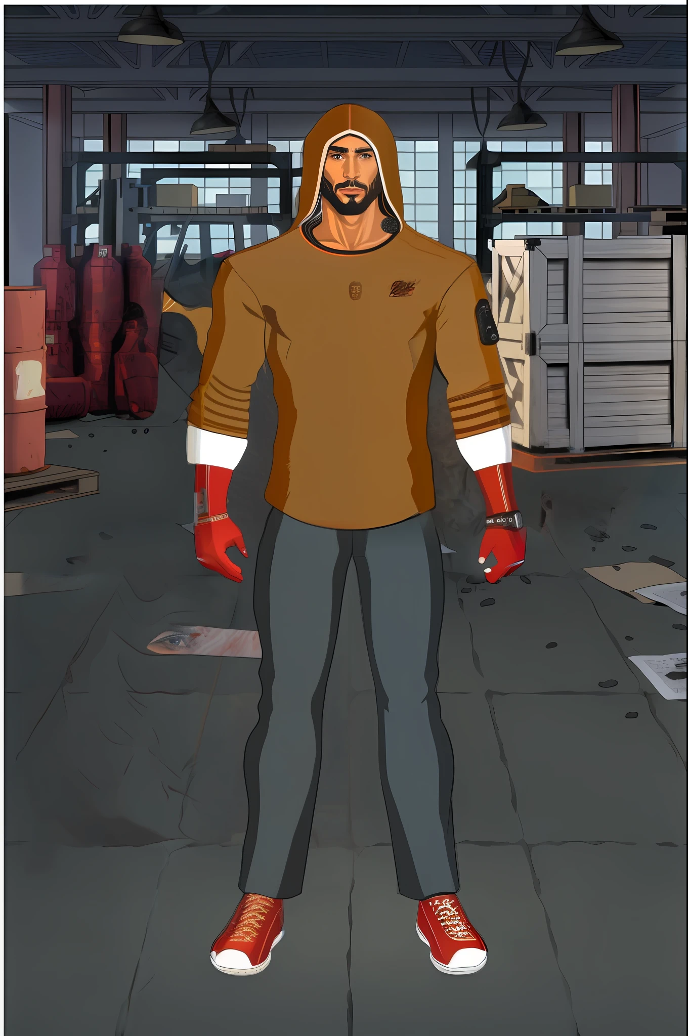 um homem em um capuz marrom, sapatos vermelhos, Cyberpunk Arms, barba marrom, capuz escondendo parte do rosto, expressando cara de mal