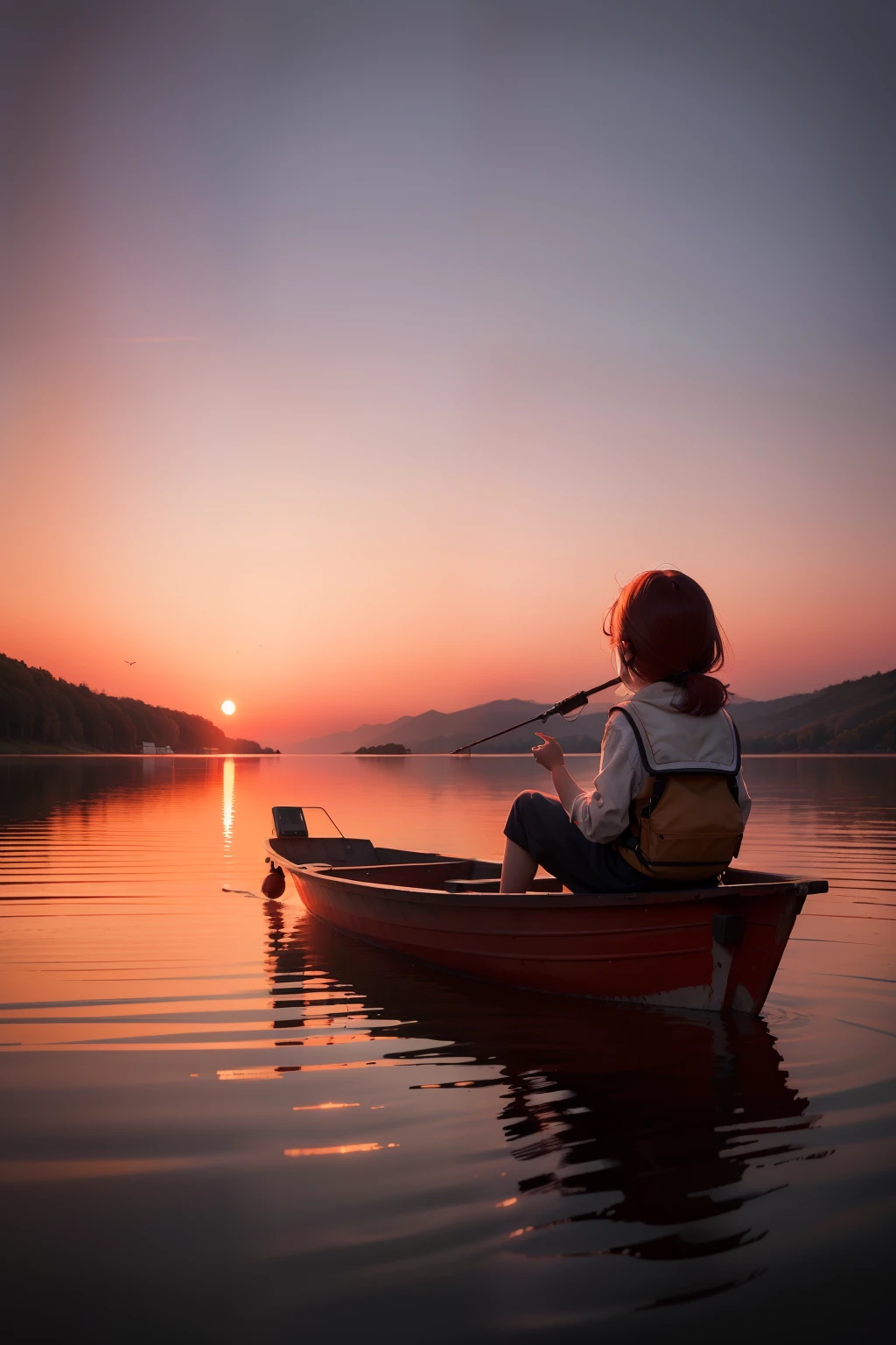 early evening,The red sunset shines on the lake,Little girl sitting on a fishing boat playing in the water,The water is sparkling,Fish leap out of the water