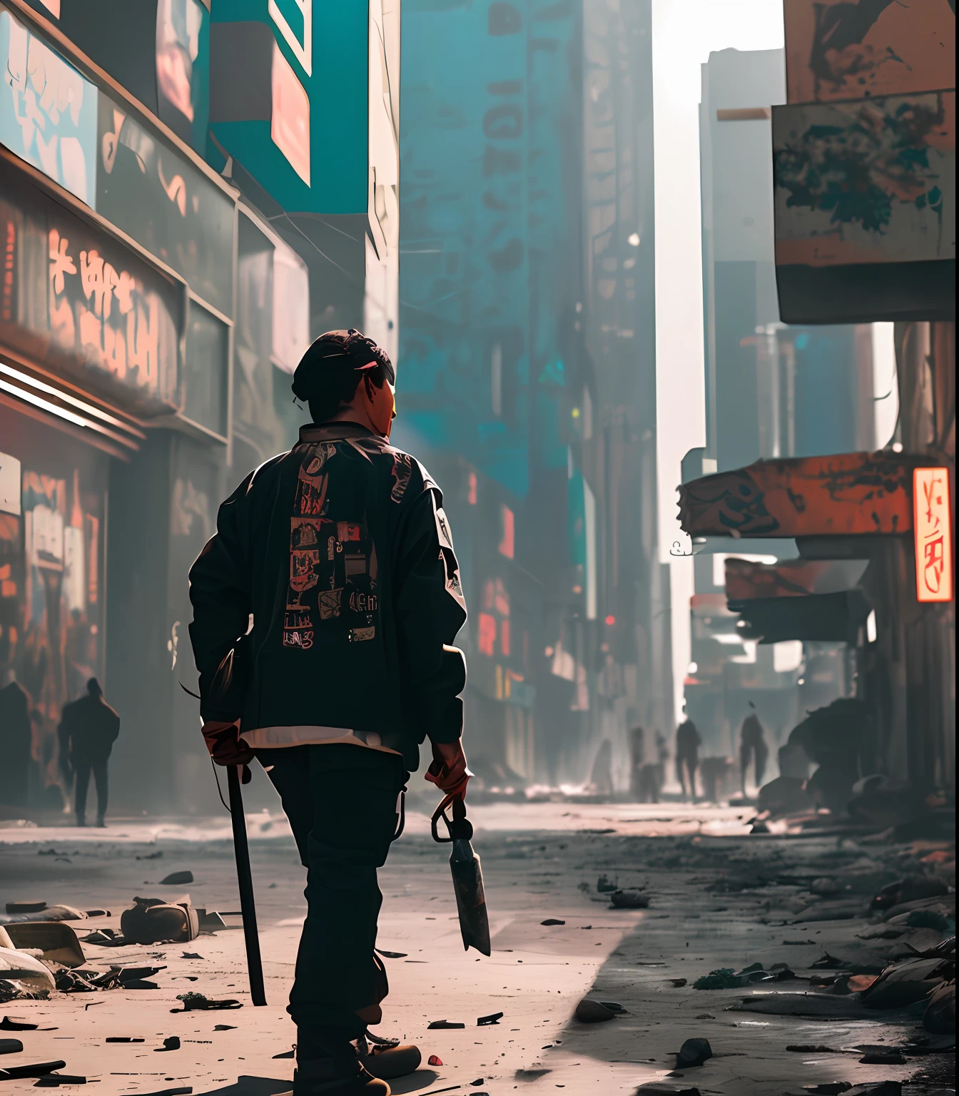 (obra-prima) RAW altamente detalhado, A post-apocalyptic man with a skateboard in his hand in tactical outfits in a burning cyberpunk city, estilo de arte, kodak portra 400, cinemactic, (sorrindo: 0.6), (closeup:0.8), dedos perfeitos
 Estilo Hassanfantasy