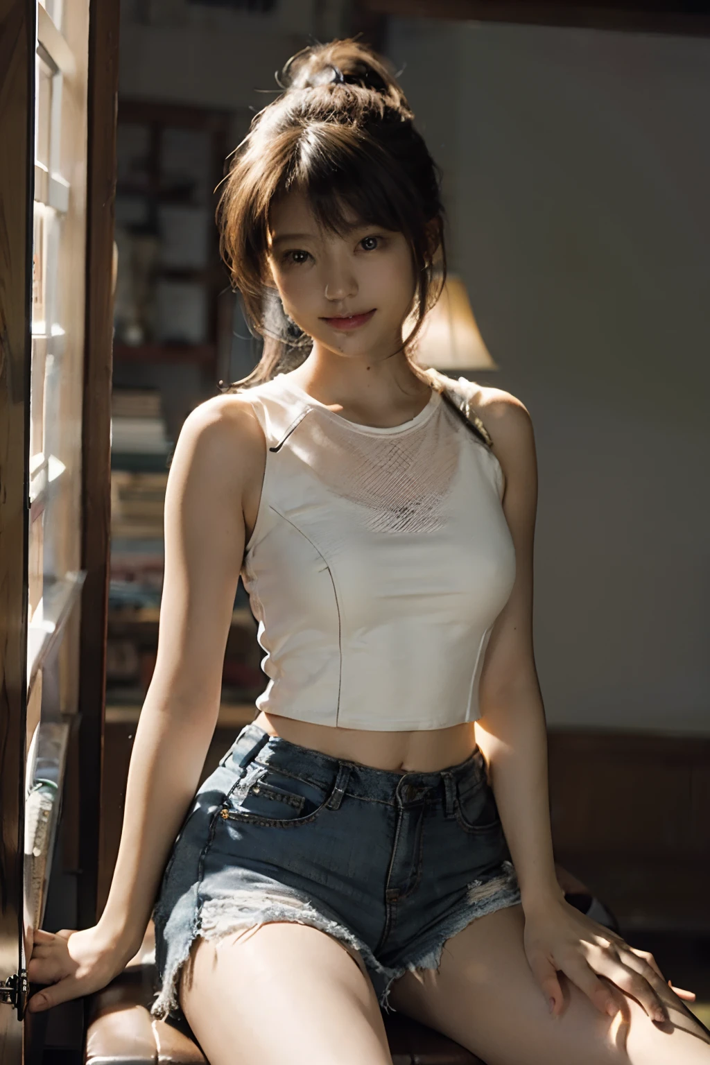 (8K、Raw photography、Your face is illuminated by lights、top-quality、outside of house、Shunguang、Bright lighting front gym sitting、White underwear、white panty、White shorts、masterpiece:1.2)、(realisitic、Photorealsitic:1.37)、Ultra mini skirt、Open your legs to the left and right、Open your legs wide from side to side、Short clothing、White shorts、skirt by the、ultra-detailliert、Full body posture、Beautiful constriction、Leather Green Tank Top、Sleeveless、large boob、large udder、超A high resolution、1人、Denim skirt、Low-rise miniskirt、Beautiful navel、beautiful thigh、Beautiful bust、flaxen ponytail、Short clothing、see the beholder、beautifull detailed face、A smile、Constriction、(Slim waist) :1.3)、The shirt、Beautiful detailed skin、Skin Texture、floated hair、profetional lighting、