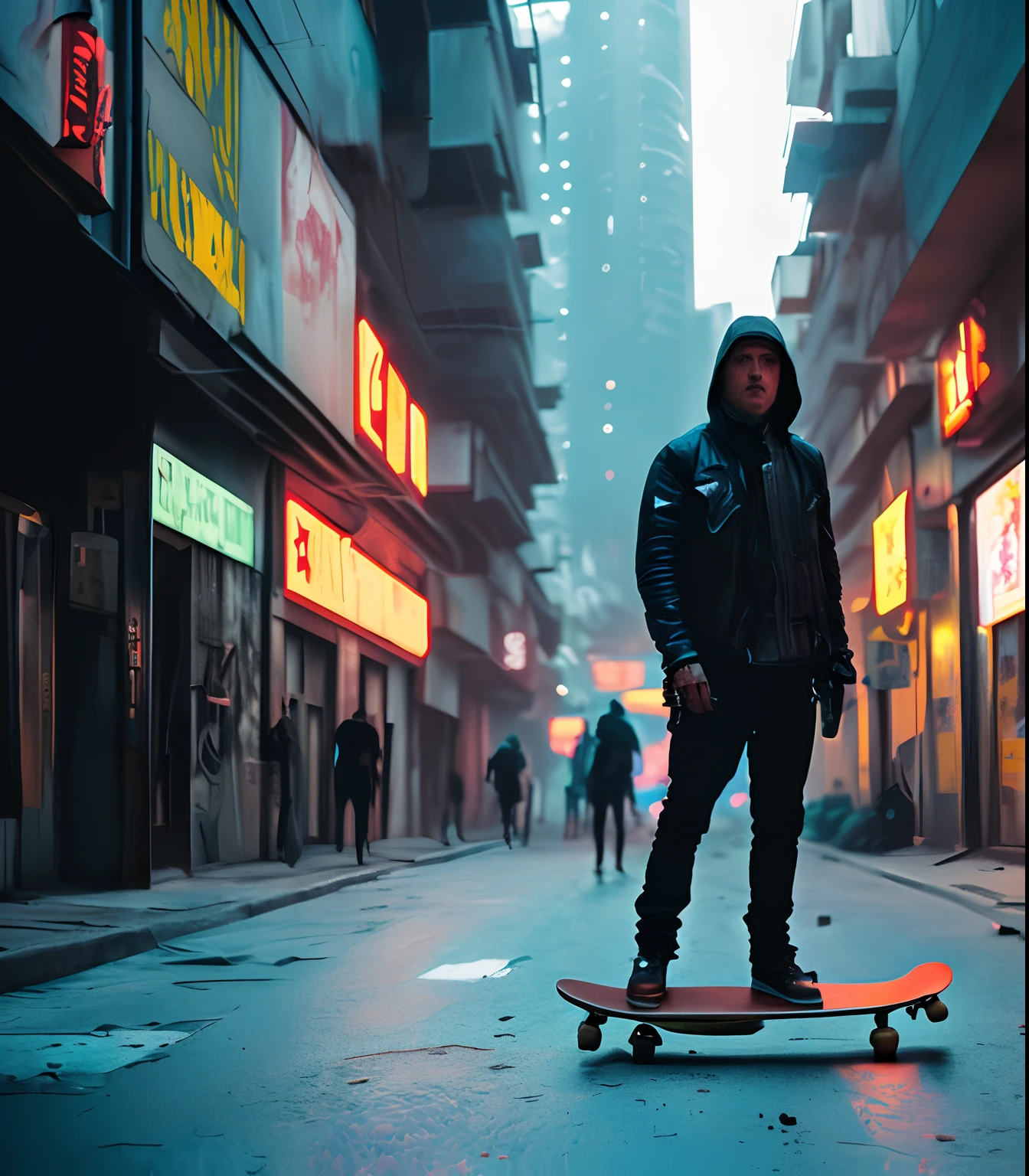 (obra-prima) RAW altamente detalhado, A post-apocalyptic man with a skateboard in his hand in tactical outfits in a burning cyberpunk city, estilo de arte, kodak portra 400, cinemactic, (sorrindo: 0.6), (closeup:0.8), dedos perfeitos
Estilo Hassanfantasy