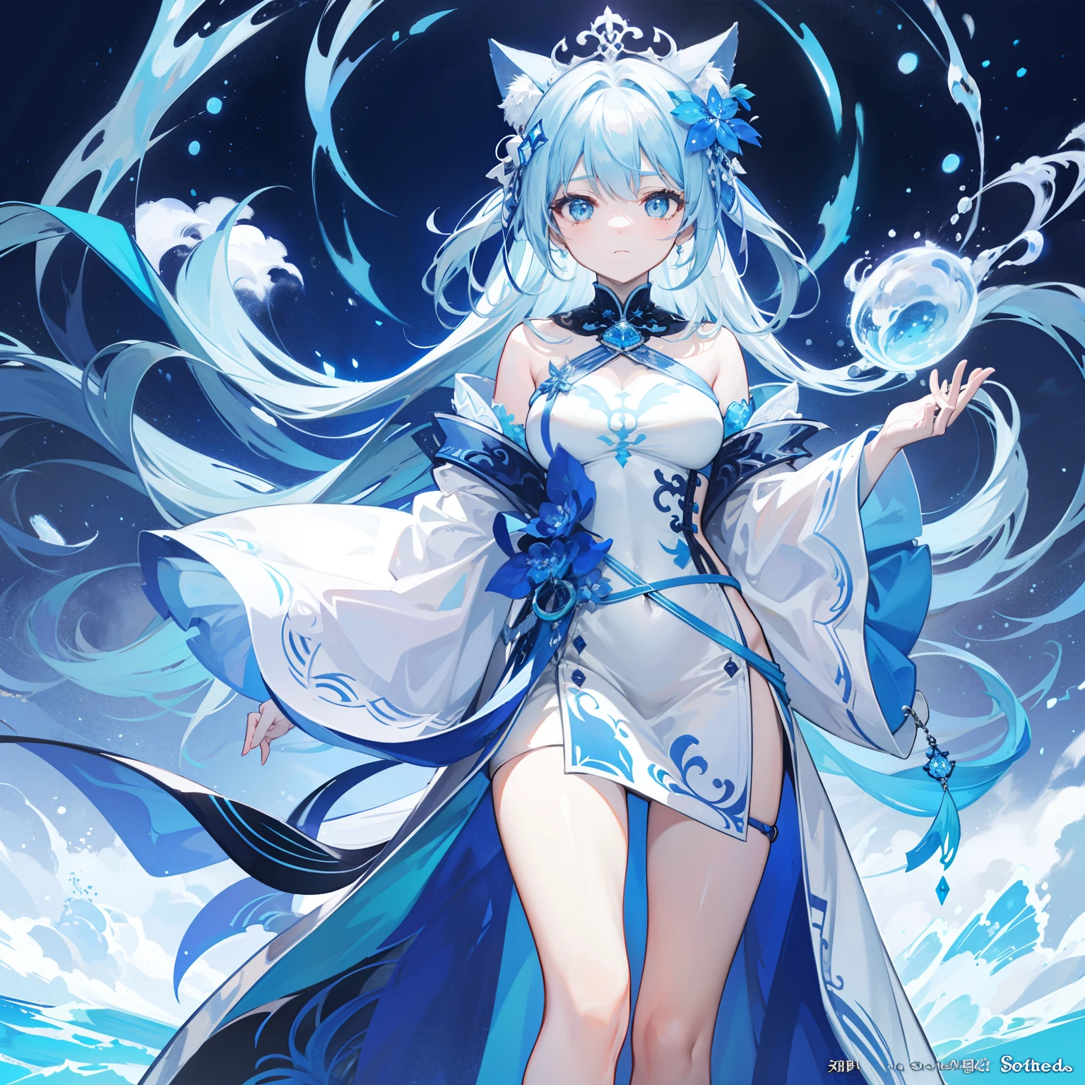 masutepiece,Best Quality,ultra-detailliert,Two hands,Two legs,Five Fingers,best faces,1 girl,Light blue long hair,timid,Cat ears,pale blue eyes, Height 145cm,small tits,Cat tail,white robes,Lack of emphasis on the chest,Bejeweled cane,White Witch Hat,Polka dots float,cosmic space