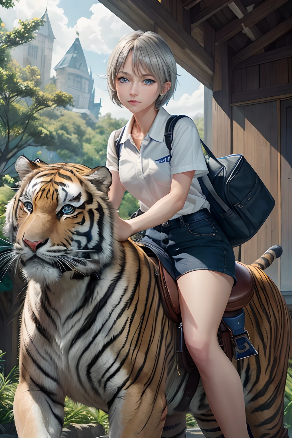 (Best Quality, Masterpiece: 1.1), (Realistic: 1.4), Beautiful girl is riding on the tiger, god ray ,teen, silver short hair, blue eyes, Going to school