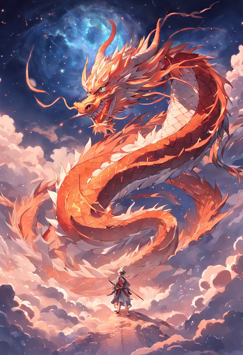 (Ying Dragon God), (Through the Clouds), (Top of the Mountains), (Complex), (Super Detail), (Starry Sky Background), (Stout Limbs), (Moon Night), (Ultra Clear), (Best Quality)