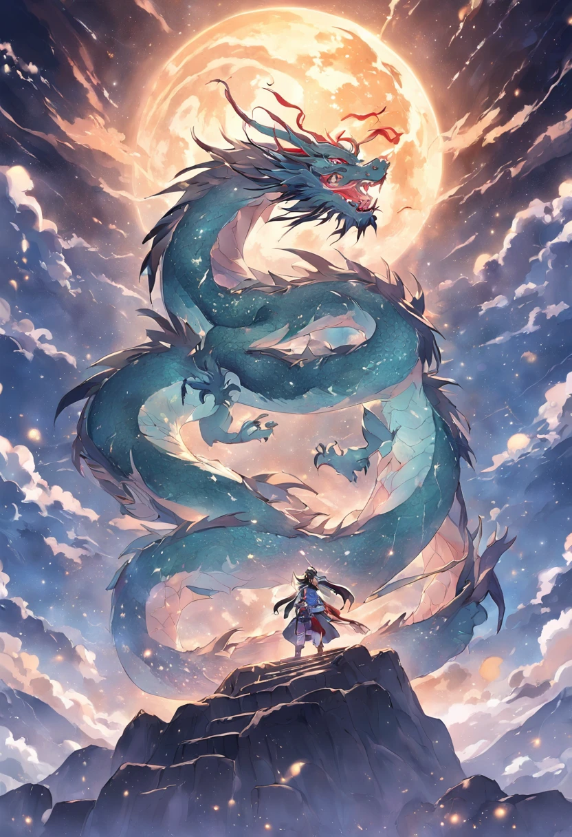 (Ying Dragon God), (Through the Clouds), (Top of the Mountains), (Complex), (Super Detail), (Starry Sky Background), (Stout Limbs), (Moon Night), (Ultra Clear), (Best Quality)