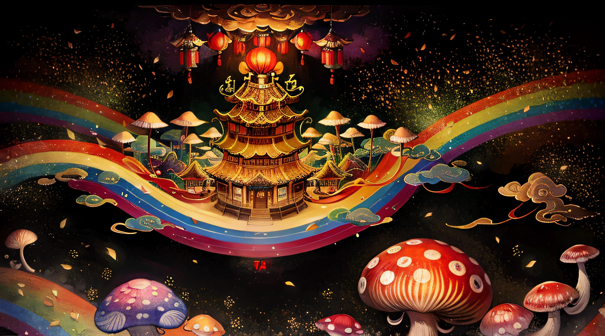 An ancient Chinese painting, ancient Chinese background, mountains, rivers, auspicious clouds, pavilions, sunshine,(psychedelic details),(mushrooms),(rainbow),(trippy),(DMT),intricate details, more details, high details,masterpieces, super detail, epic composition, ultra HD, high quality, extremely detailed, official art, unified 8k wallpaper, Super detail, 32k -- v 6