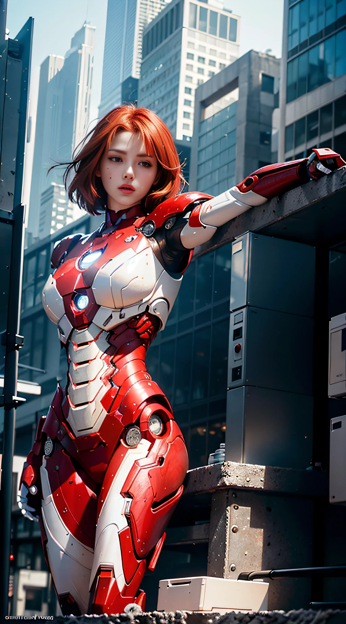 RAW, masterpiece, ultra thin photo, best quality, ultra high resolution, photorealistic, sunlight, full body portrait, incredibly beautiful, red hair, dynamic poses, delicate face, vibrant eyes, (side view), she is using a futuristic Iron Man engine, red and gold color scheme, night town background, highly detailed, detailed face, detailed and complex busy background, messy, gorgeous, milky white, highly detailed skin, realistic skin details, visible pores, sharp focus, volumetric mist, 8k uhd, dslr camera, high quality, film grain, light skin, photorealism, lomography, expanding metropolis in futuristic dystopia, view from below, translucent