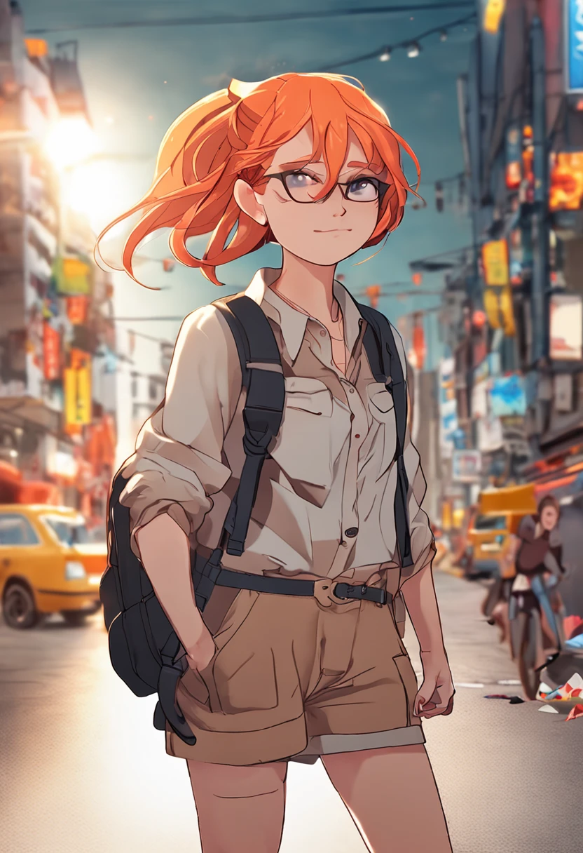 There's a woman with orange hair, com bunda grande, posando na rua com uma mochila nas costas, em uma rua da cidade, anime hiper realista, Surrealismo alunas, Arte em estilo Guviz, Guviz, Imagem ultrarrealista, Menina anime na vida real, Deusa Brasileira