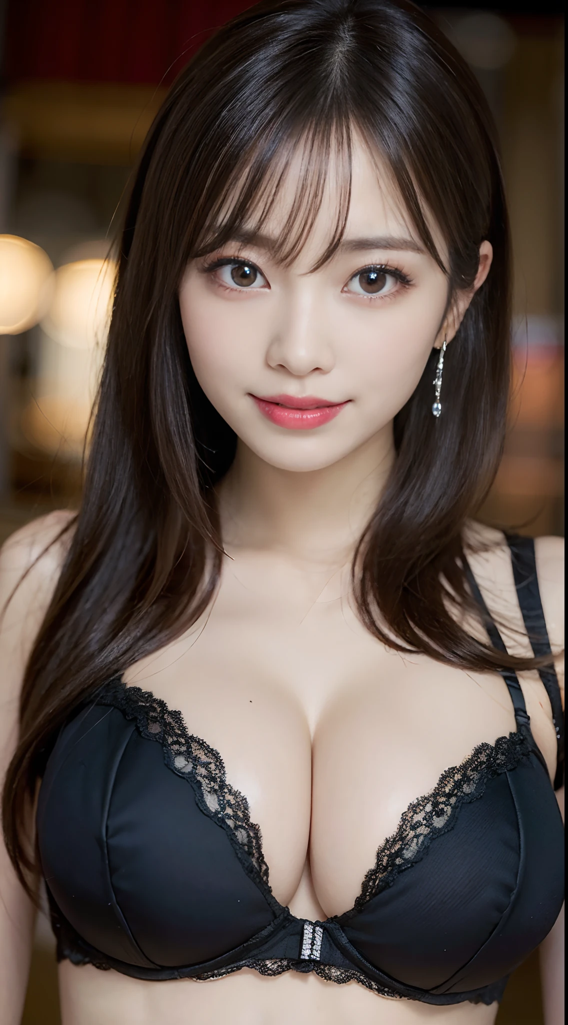 1girl in, Dressed in sensual black underwear,Japan person model,(((beautiful countenance))),(((big eye))),(((Beautiful eyes))),(((long lashes))),((Beautiful teeth alignment)),light brown hair, Floating hair, (((huge tit))), ((cleavage of the breast)),(( nippleless)),hair scrunchie, longeyelashes, PUPILS SPARKLING, crystal earrings, Smile, depth of fields, One-person viewpoint, nikon, 105 mm, F/1.4, nffsw, retinas, masutepiece, ccurate,((( Anatomically correct))), Textured skin, Super Detail, high details, High quality, awardwinning, Best Quality, hight resolution, 1080p, hard disk, 4K, 8K,See-through BRA,
