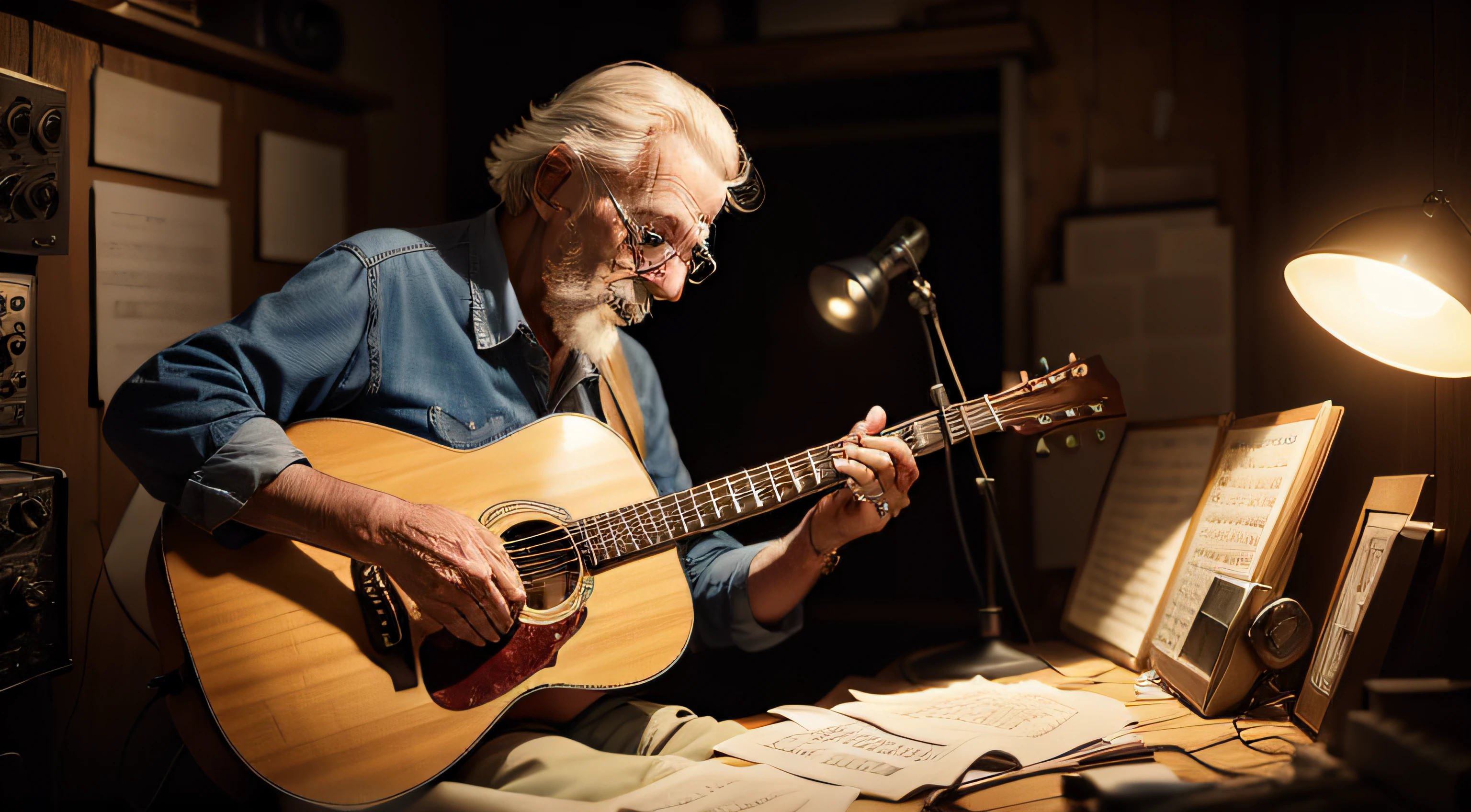 extremamente detalhado, qualidade de obra-prima, estilo vintage, Old music studio setting, caixas de som antigas, celeiro dos anos 80, Elderly man holding a guitar, soft lighting on the set.