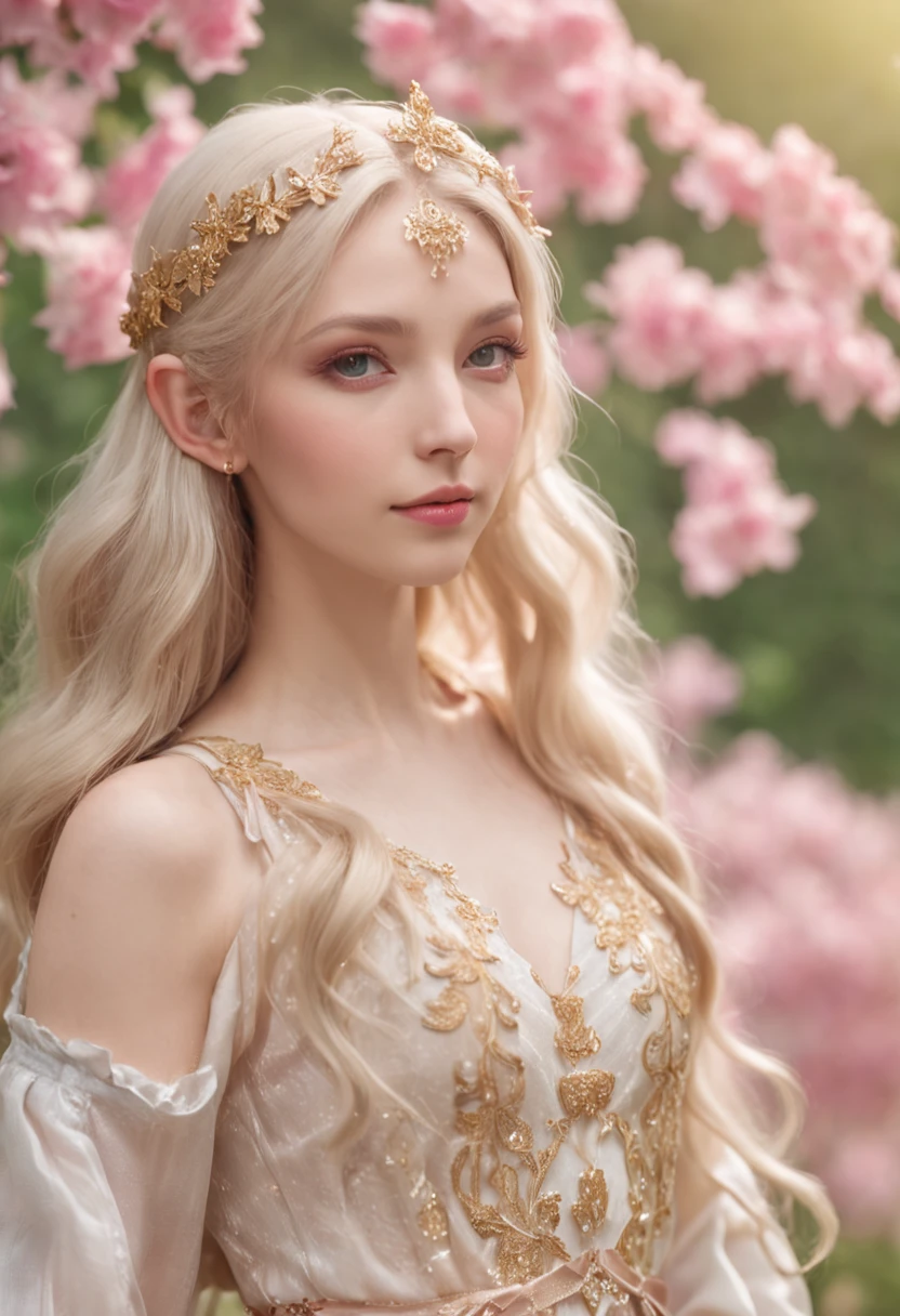 "Elf Princess,Gentle and delicate,Wearing a long dress in bright colors,Shimmering with dazzling light。Long silky blonde hair covered her shoulders,It's like a golden waterfall fluttering in the breeze。She has bright and welcoming eyes,Exudes a mesmerizing glow。Surrounded by pink petals,A gentle breeze ruffles long hair and skirts,An intoxicating picture is formed。Blue sky, white clouds and emerald green woods as background,Adds to her elven temperament。"