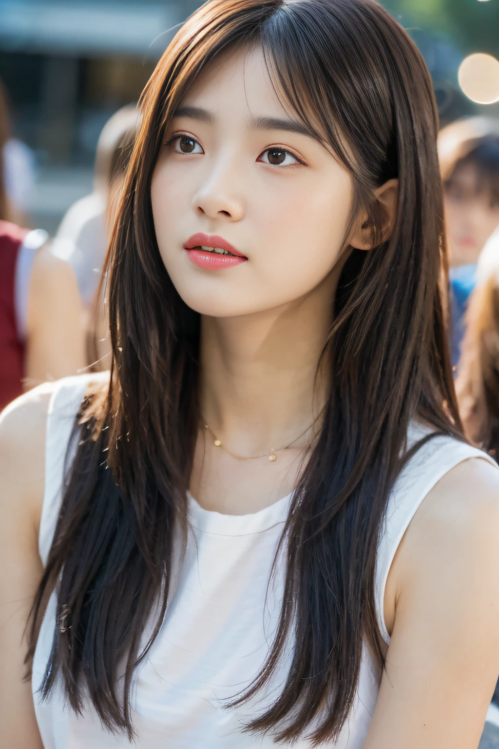 best qualtiy， realisticlying， 8K， high resolucion;， 1girll， girls， （portrait of a：0.6）， wealthy， （cityscapebackground：1.6））， （（Small round， Jeans and sleeveless white T-shirt：1.98））， A head that looks straight at the viewer：1.8， （One girl looks at the audience with her eyes， middle length hair， ligh brown hair， partedbangs：1.65）， realisticlying， （With mouth closed：1.46）， wealthy，