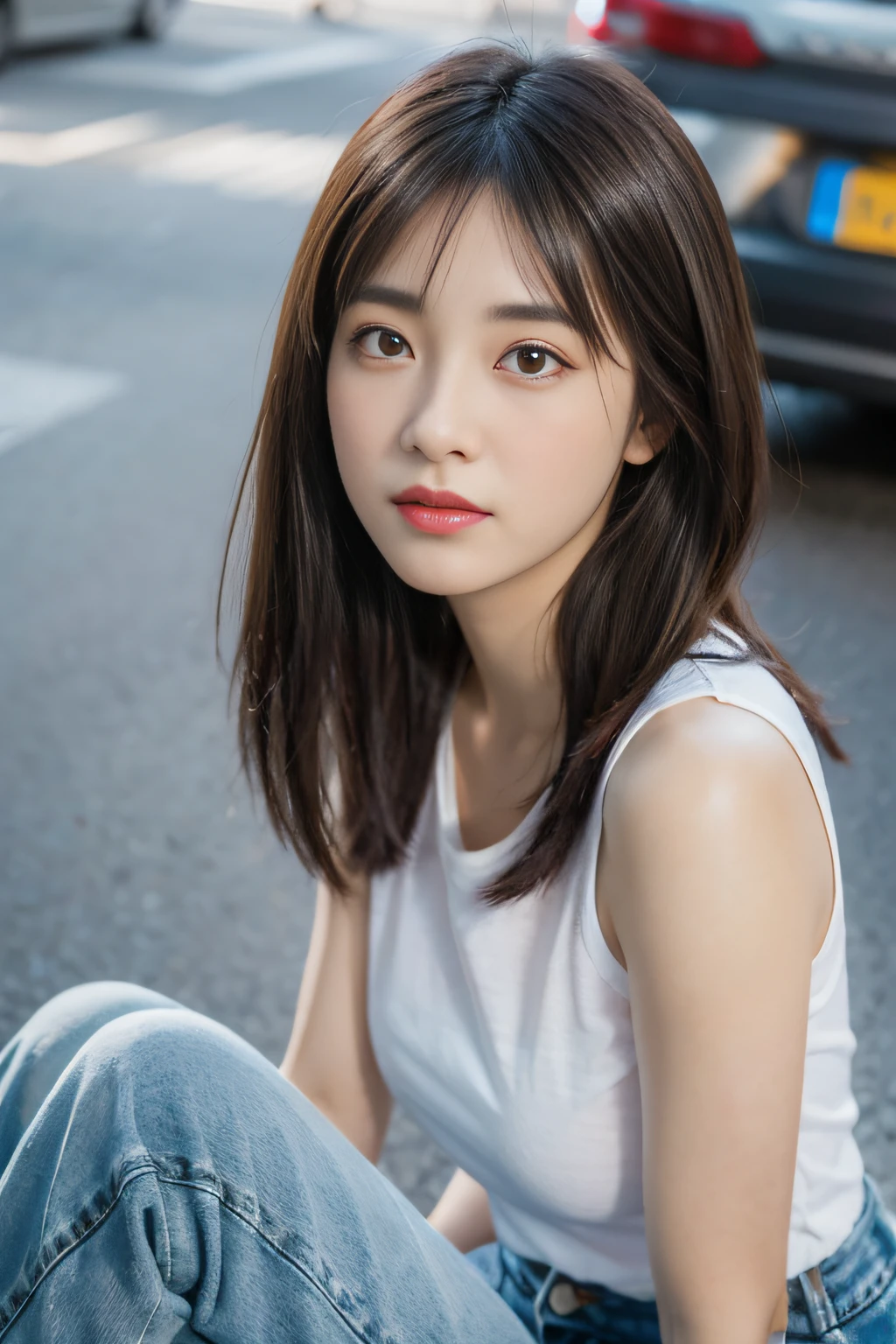 best qualtiy, realisticlying, 8K, high resolucion;, 1girll, girls, (portrait of a:0.6), wealthy, (cityscapebackground:1.6)), ((Small round, Jeans and sleeveless white T-shirt:1.98)), A head that looks straight at the viewer:1.8, (One girl looks at the audience with her eyes, middle length hair, ligh brown hair, partedbangs:1.65), realisticlying, (With mouth closed:1.46), wealthy,