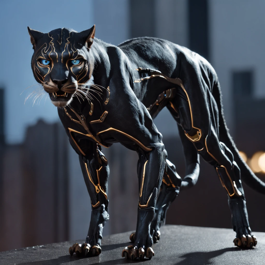 foto de uma pantera((bicho)) futuristica no meio da foto, foto hiper-realista, metalic, Professional photo of a futuristic robotic panther with various modifications, metal claws, synthetic fur, bionic hind legs, ((detalhes super realistas)), cybernetic eyes, scientific fiction, fictional scenario science, (noite), Luz Natural, Cyberpunk, cidade futurista, cidade cyberpunk, neon signs, altamente detalhado, (Antecedentes altamente detalhados), Various buildings in background, billboard ads in the background next to buildings, texturas detalhadas, wide angle, chuvoso durante a noite, com luz iridescente, imagens altamente detalhadas, cores vibrantes e bonitas, imagem fotorrealista, 8k, Ultra HD | |, unreal rendering engine, Cinematic lighting,Realistic proportions, filmic grain, Foto RAW, (lateral).