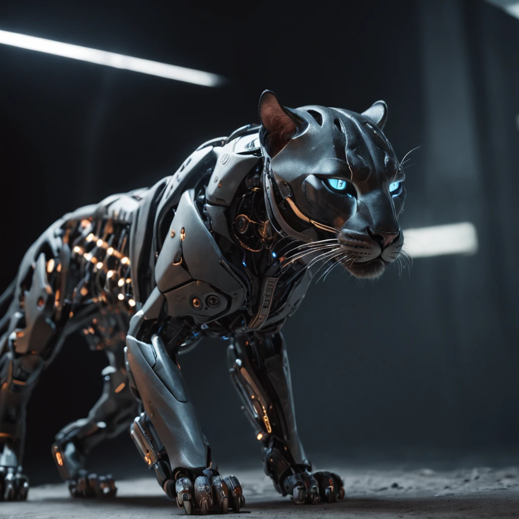 foto de uma pantera((bicho)) futuristica no meio da foto, foto hiper-realista, metalic, Professional photo of a futuristic robotic panther with various modifications, metal claws, synthetic fur, bionic hind legs, ((detalhes super realistas)), cybernetic eyes, scientific fiction, fictional scenario science, (noite), Luz Natural, Cyberpunk, cidade futurista, cidade cyberpunk, neon signs, altamente detalhado, (Antecedentes altamente detalhados), Various buildings in background, billboard ads in the background next to buildings, texturas detalhadas, wide angle, chuvoso durante a noite, com luz iridescente, imagens altamente detalhadas, cores vibrantes e bonitas, imagem fotorrealista, 8k, Ultra HD | |, unreal rendering engine, Cinematic lighting,Realistic proportions, filmic grain, Foto RAW, (lateral).