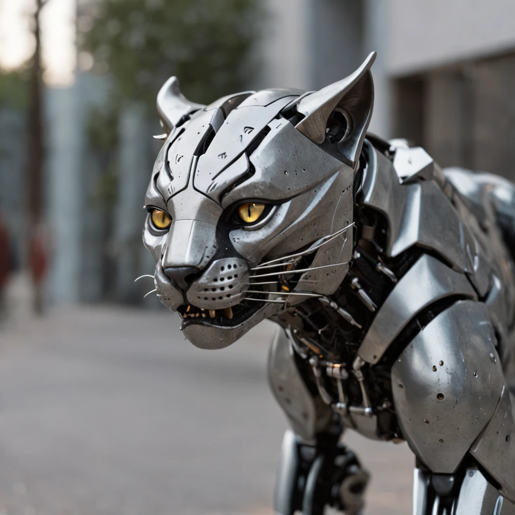 foto de uma pantera((bicho)) futuristica no meio da foto, foto hiper-realista, metalic, Professional photo of a futuristic robotic panther with various modifications, metal claws, synthetic fur, bionic hind legs, ((detalhes super realistas)), cybernetic eyes, scientific fiction, fictional scenario science, (noite), Luz Natural, Cyberpunk, cidade futurista, cidade cyberpunk, neon signs, altamente detalhado, (Antecedentes altamente detalhados), Various buildings in background, billboard ads in the background next to buildings, texturas detalhadas, wide angle, chuvoso durante a noite, com luz iridescente, imagens altamente detalhadas, cores vibrantes e bonitas, imagem fotorrealista, 8k, Ultra HD | |, unreal rendering engine, Cinematic lighting,Realistic proportions, filmic grain, Foto RAW, (lateral).