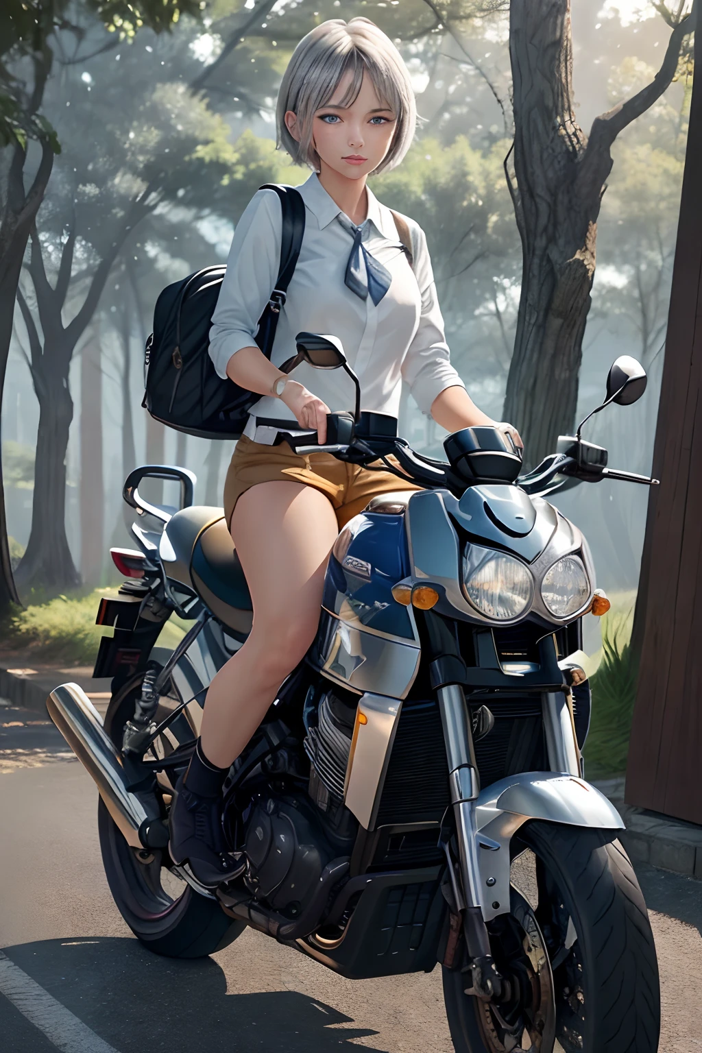 (Best Quality, Masterpiece: 1.1), (Realistic: 1.4), Beautiful girl is riding on the tiger, god ray ,teen, silver short hair, blue eyes, Going to school