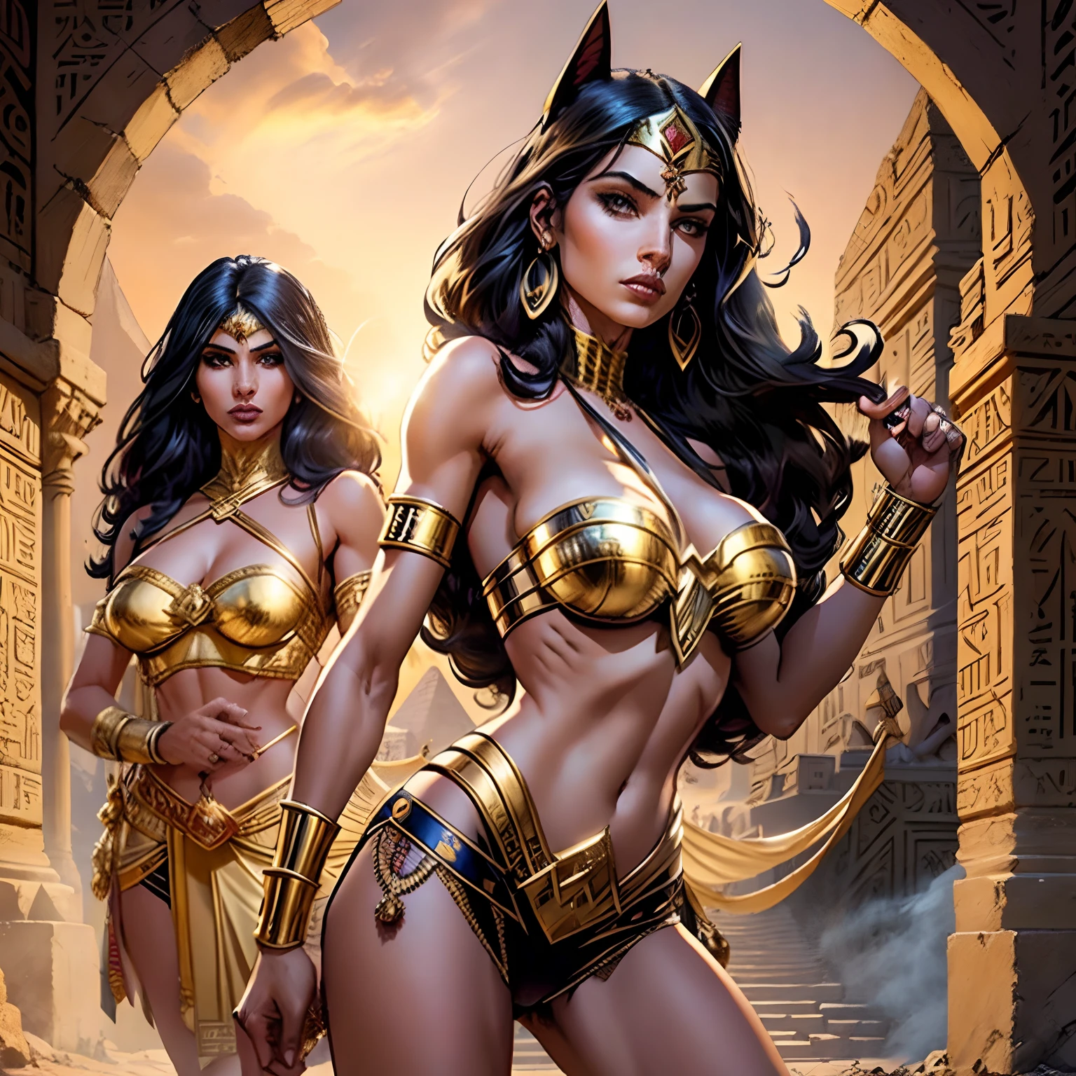 (masterpiece, top quality, best quality, official art, beautiful and aesthetic:1.2), (1girl:1.3), long and straight black hair, tanned skin, extremely detailed, portrait, looking at viewer, solo, (full body:0.6), detailed background, close up, mischievous eyes, (hot summer Egypt theme:1.1), Egyptian duelist woman, heavy Egyptian makeup, winged eyeliner, long neck, Persian nose, bold nose, long nose, arched nose, downturned nose, large nose, dark tan skin, charlatan, smirk, mysterious, walking in desert, revealing white and gold and sapphire Egyptian silks, cobra headdress, white short skirts, criss cross top, criss-cross top, halter top, jewelry, white fabric, gold jewelry, precious stones, dual sickle swords, gigantic breasts, cleavage, skindentation, slim waist, slim hips, long legs, ancient (Egyptian temple exterior:1.1) background, dark mysterious lighting, shadows, magical atmosphere, dutch angle, (((Balsamique)))